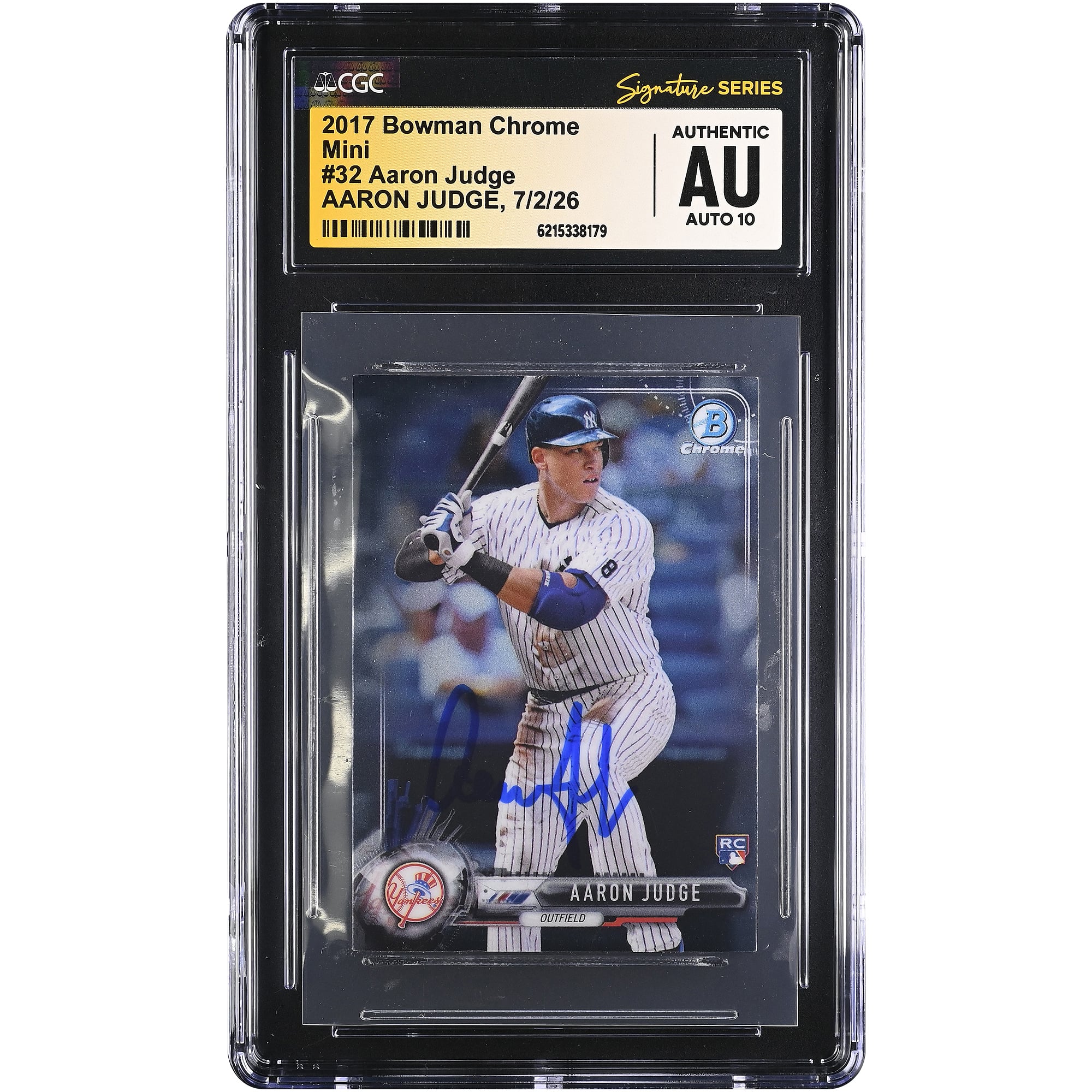 Carte de recrue autographiée d'Aaron Judge (New York Yankees), Bowman Chrome Mini 2017 n° 32, certifiée CGC Fanatics Witnessed AUTO 10