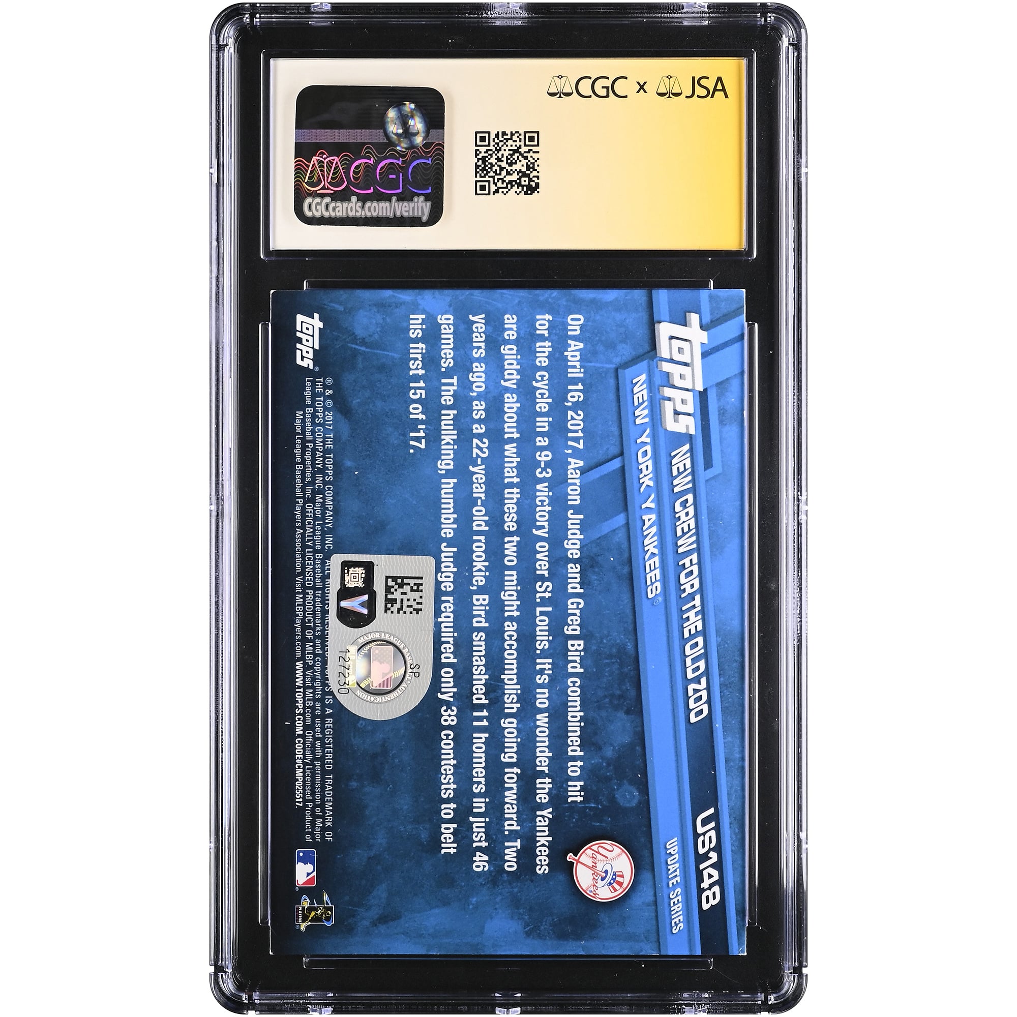 Carte de recrue autographiée d'Aaron Judge (New York Yankees) - Topps Update 2017 #US148, certifiée CGC Fanatics Witnessed AUTO 10