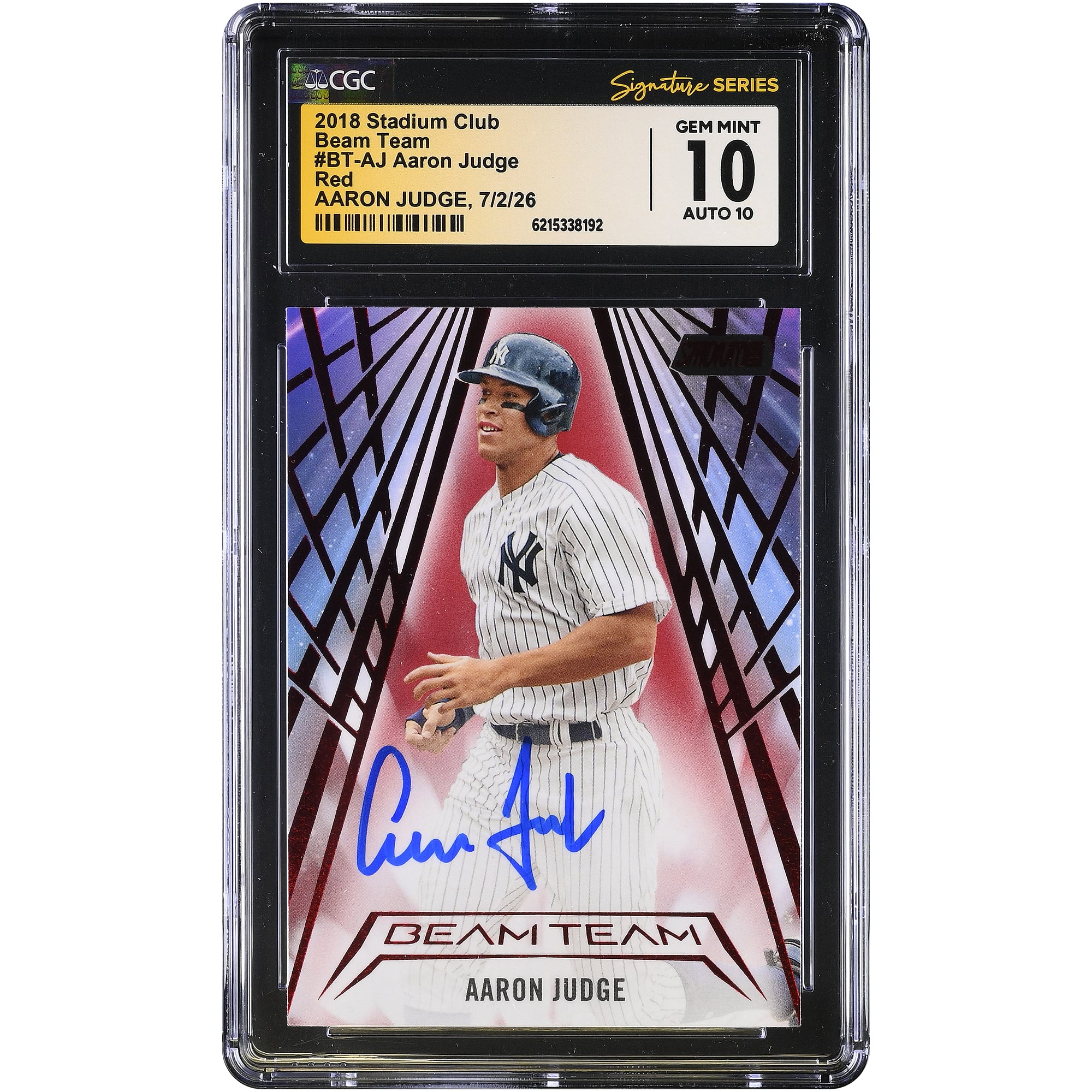 Carte autographiée d'Aaron Judge, Yankees de New York, Stadium Club 2018, équipe Red Beam #BT-AJ, authentifiée CGC Fanatics Witnessed, note 10/10