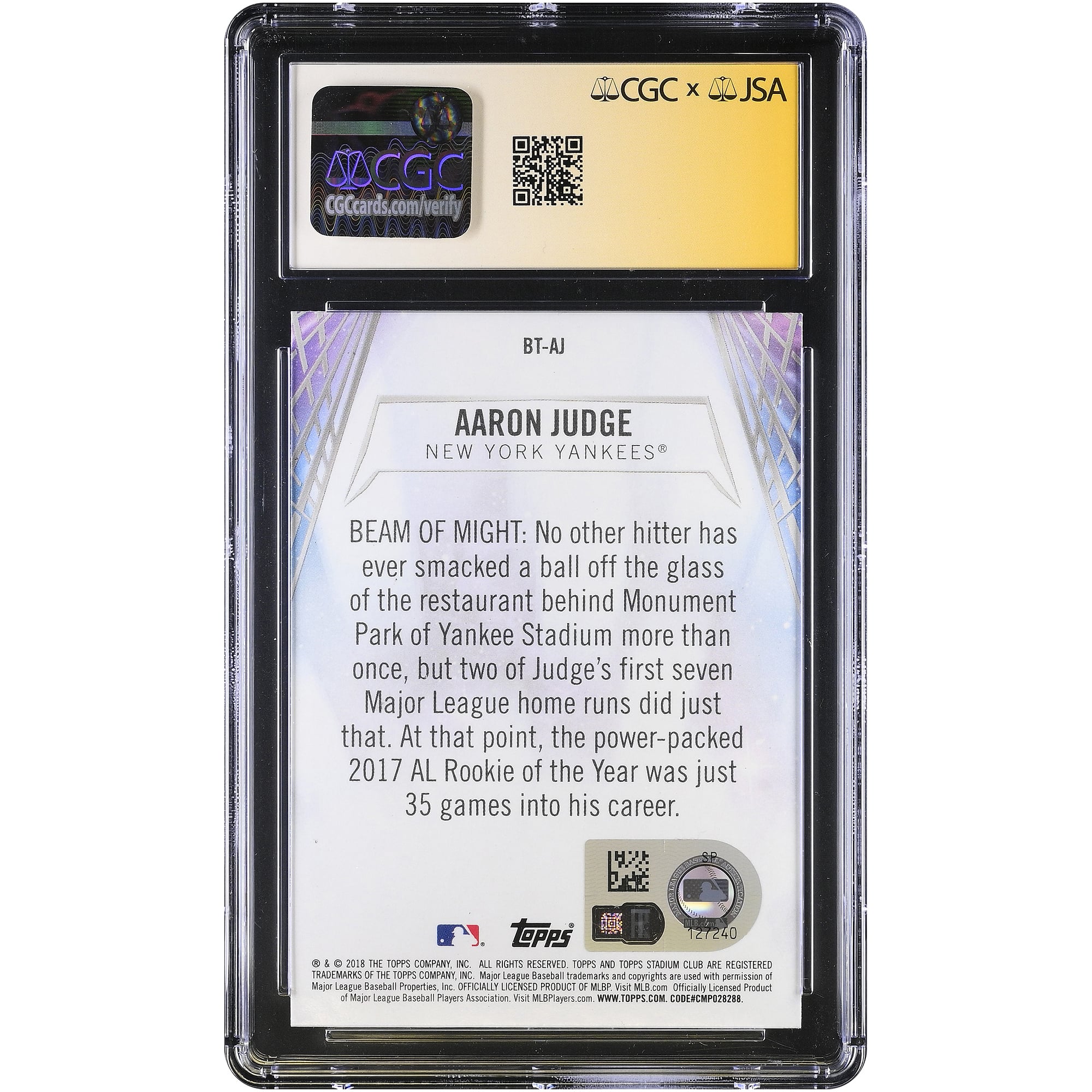 Carte autographiée d'Aaron Judge, Yankees de New York, Stadium Club 2018, équipe Red Beam #BT-AJ, authentifiée CGC Fanatics Witnessed, note 10/10