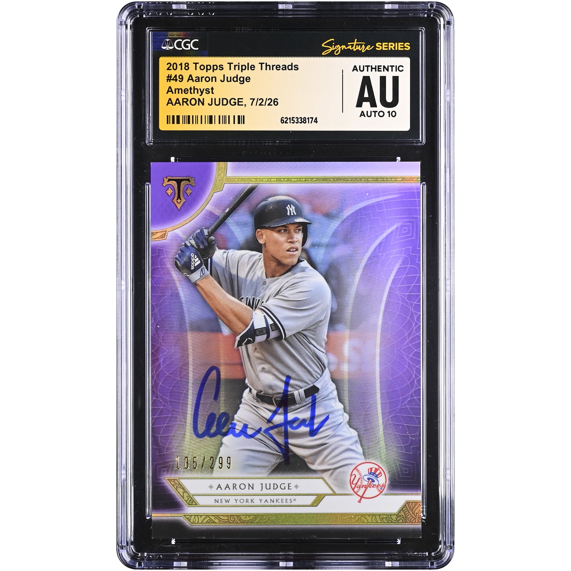 Aaron Judge New York Yankees Autographed 2018 Topps Triple Threads Amethyst #49 #/299 CGC Fanatics Witnessed Authenticated AUTO 10 Card