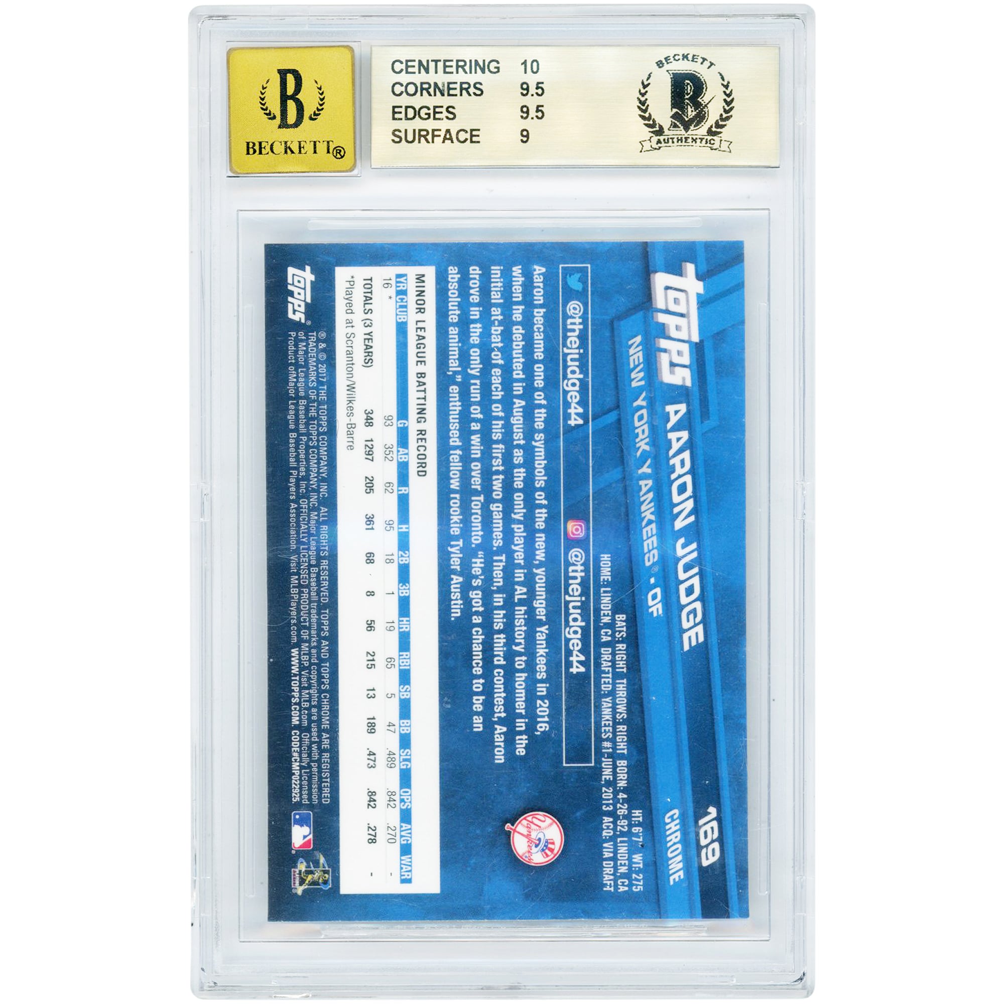 Aaron Judge New York Yankees Autographed 2019 Topps Archives Signature Series '17 Topps Chrome #169 #1/1 BGS Authenticated 9.5/10 Rookie Card - 10,9.5,9.5,9 Subgrades