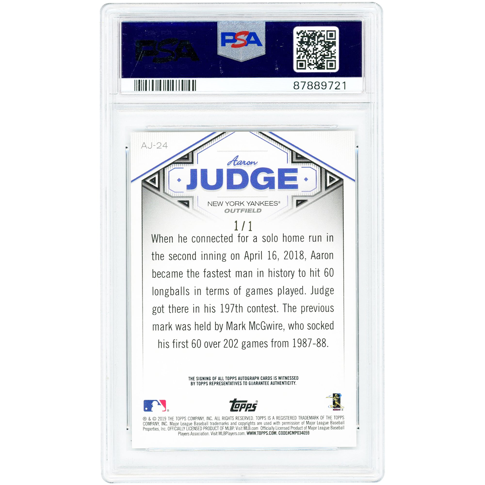 Aaron Judge New York Yankees Autographed 2019 Topps Star Player Highlights #AJ-24 #1/1 PSA Authenticated 7 Card
