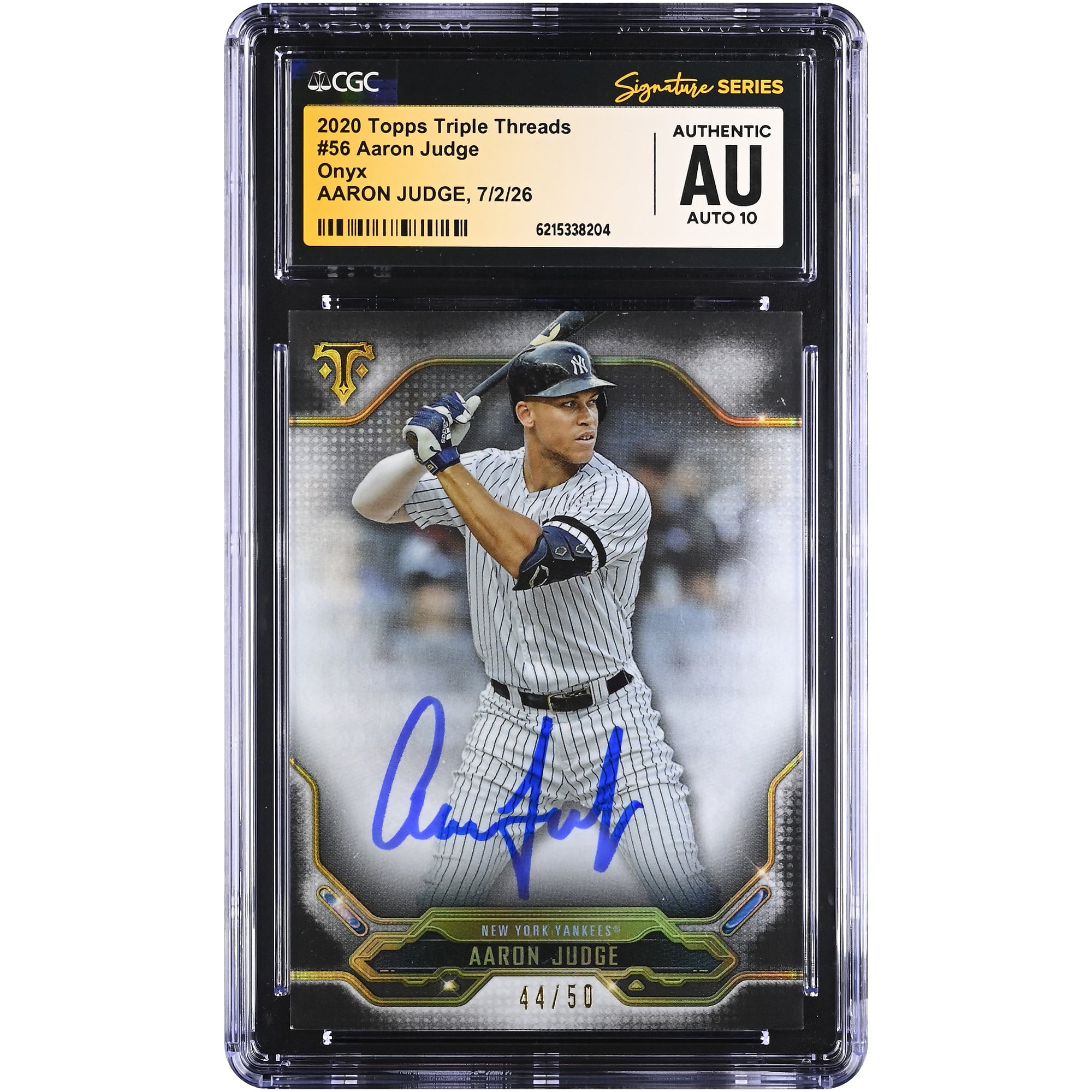Carte autographiée d'Aaron Judge (New York Yankees) 2020 Topps Triple Threads Onyx n° 56/50, certifiée CGC Fanatics Witnessed AUTO 10.