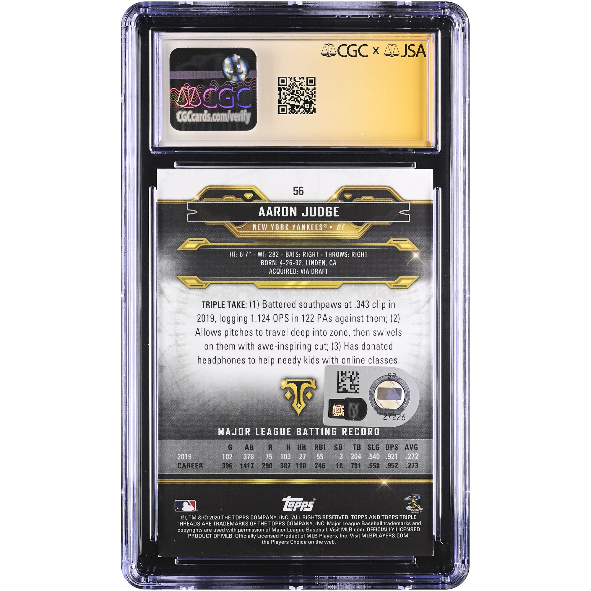 Carte autographiée d'Aaron Judge (New York Yankees) 2020 Topps Triple Threads Onyx n° 56/50, certifiée CGC Fanatics Witnessed AUTO 10.