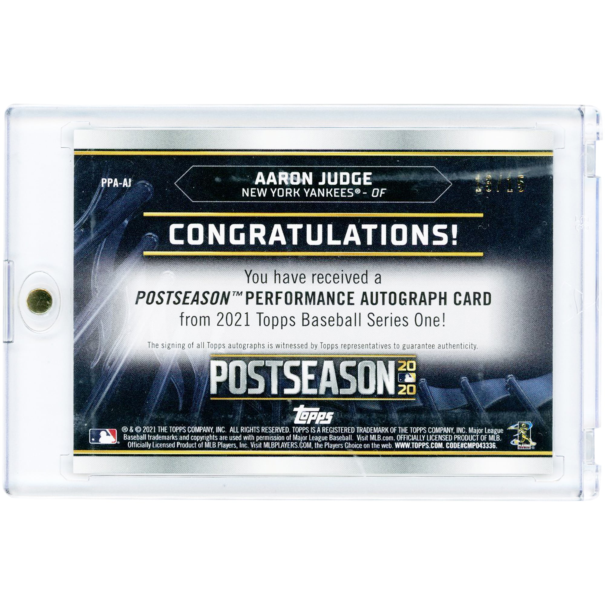 Aaron Judge New York Yankees Autographed 2021 Topps Series One Post Season '20 #PPA-AJ #13/15 Card