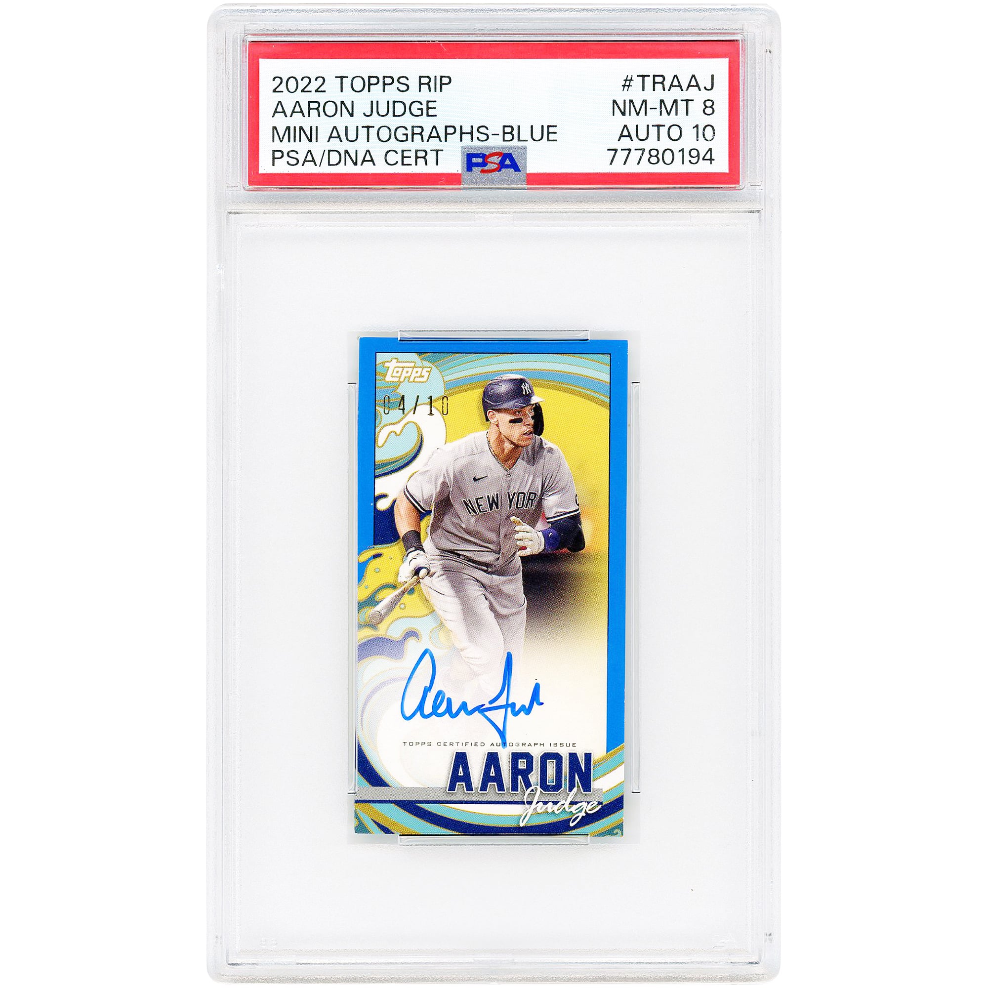Carte autographiée d'Aaron Judge (New York Yankees) - Topps Rip Mini Blue 2022 #TRA-AJ #4/10 - Authentifiée PSA 8/10