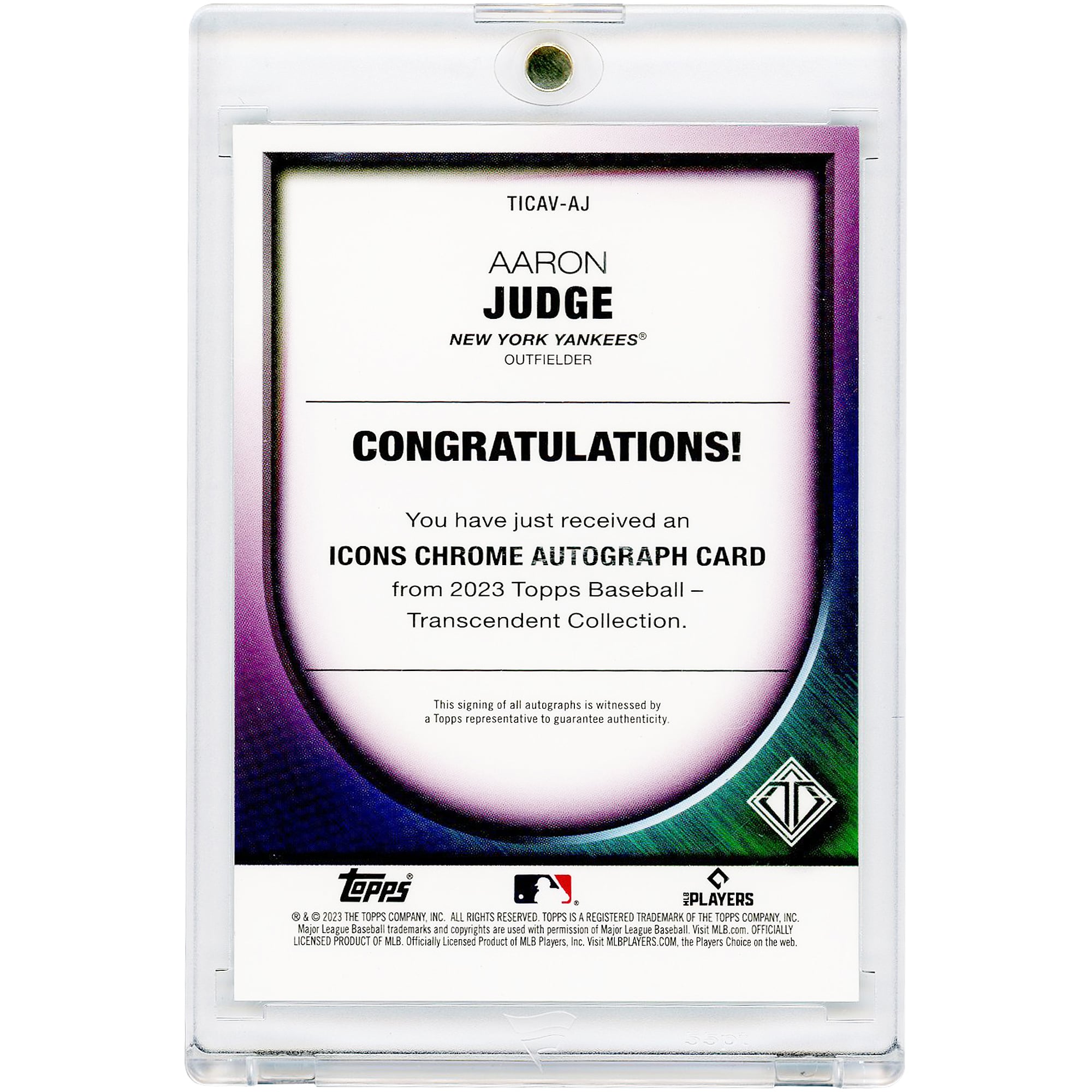 Carte autographiée d'Aaron Judge (New York Yankees) 2023 Topps Transcendent Icons Chrome #TICAV-AJ #8/15