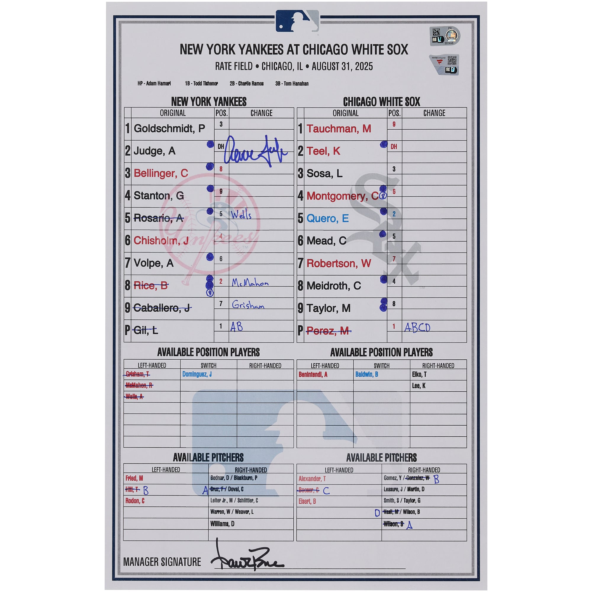 Aaron Judge New York Yankees Autographed Game-Used Lineup Card vs. Chicago White Sox on August 31, 2025