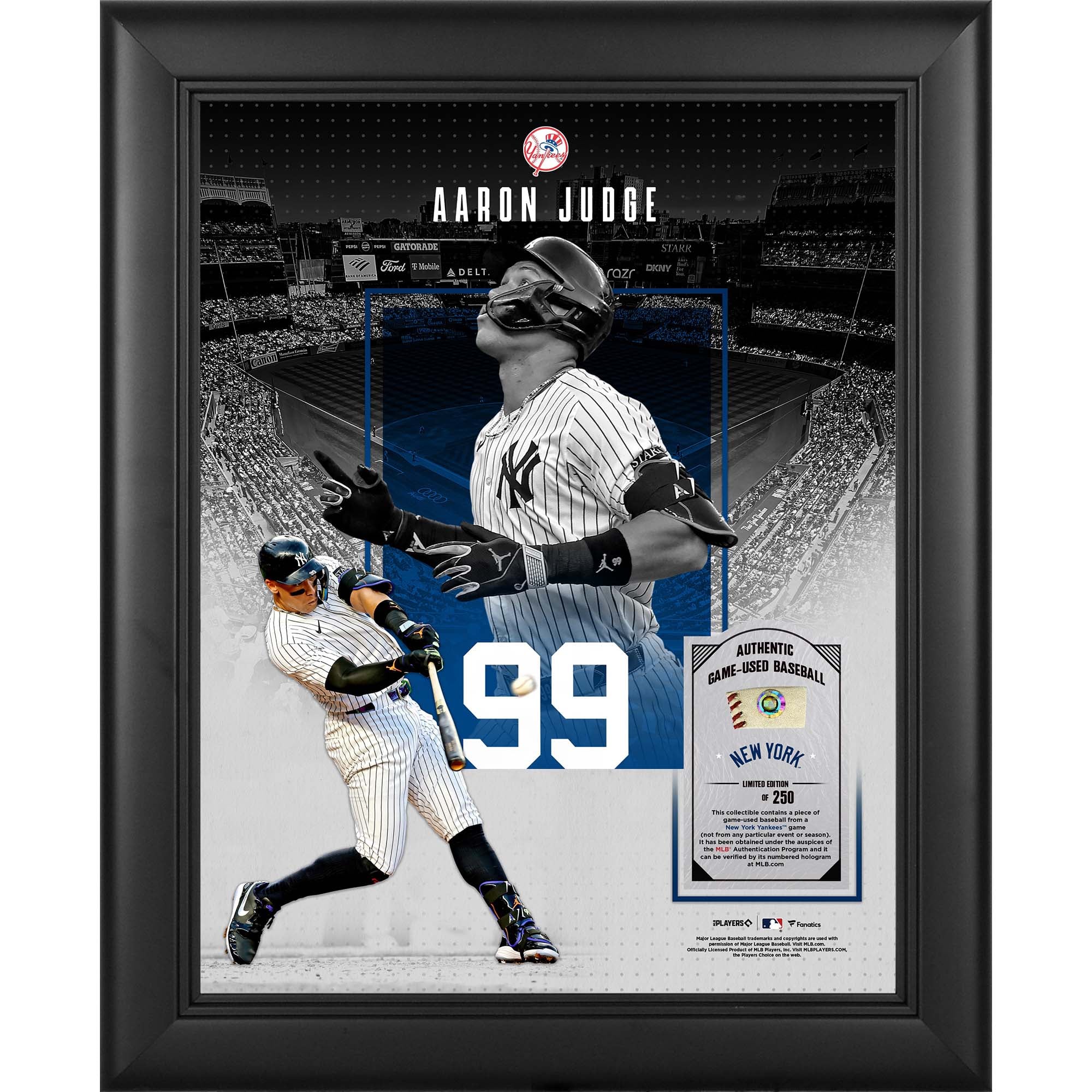 Collage encadré 11" x 14" d'Aaron Judge, Yankees de New York, avec un morceau de balle utilisée en match - Édition limitée à 250 exemplaires