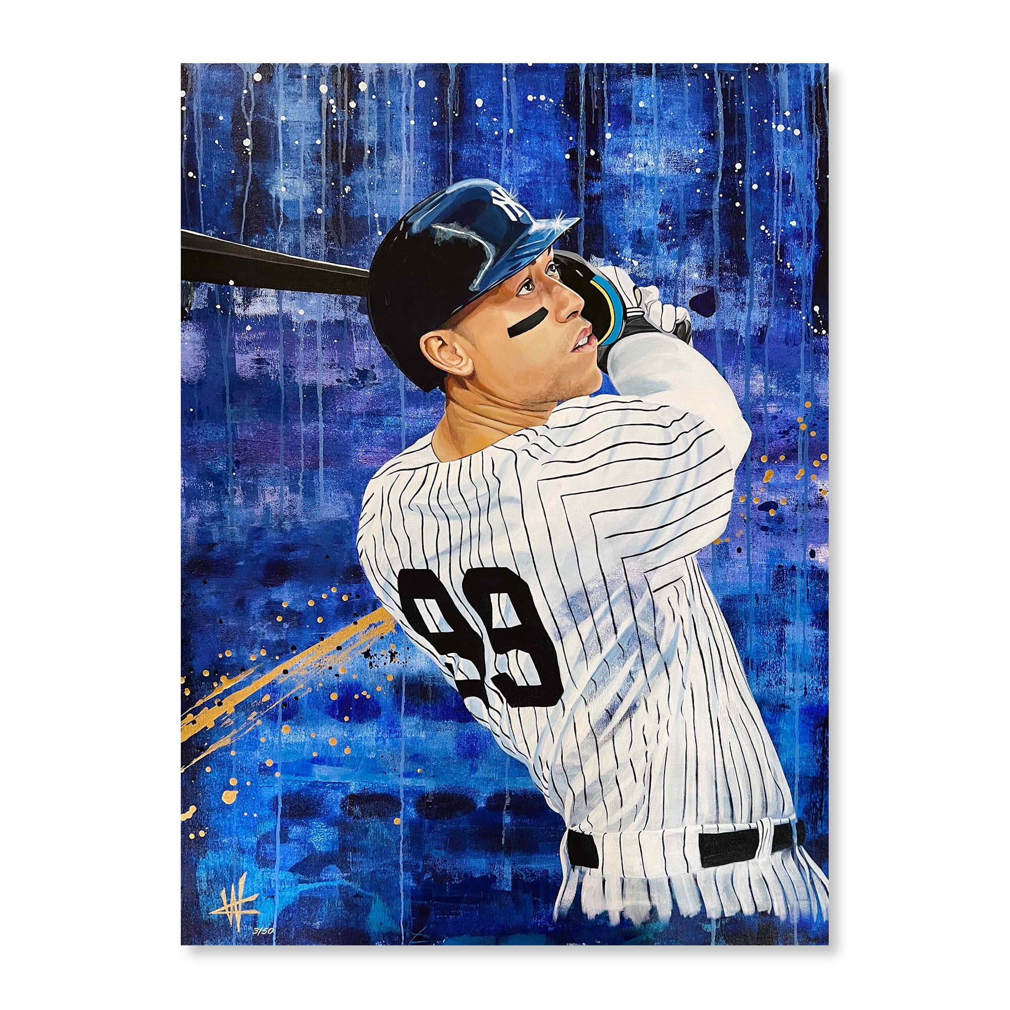Aaron Judge, joueur des Yankees de New York. Reproduction giclée sur toile tendue, 76 x 102 cm, ornée de détails raffinés. Œuvre de Cortney Wall. Édition limitée à 50 exemplaires.