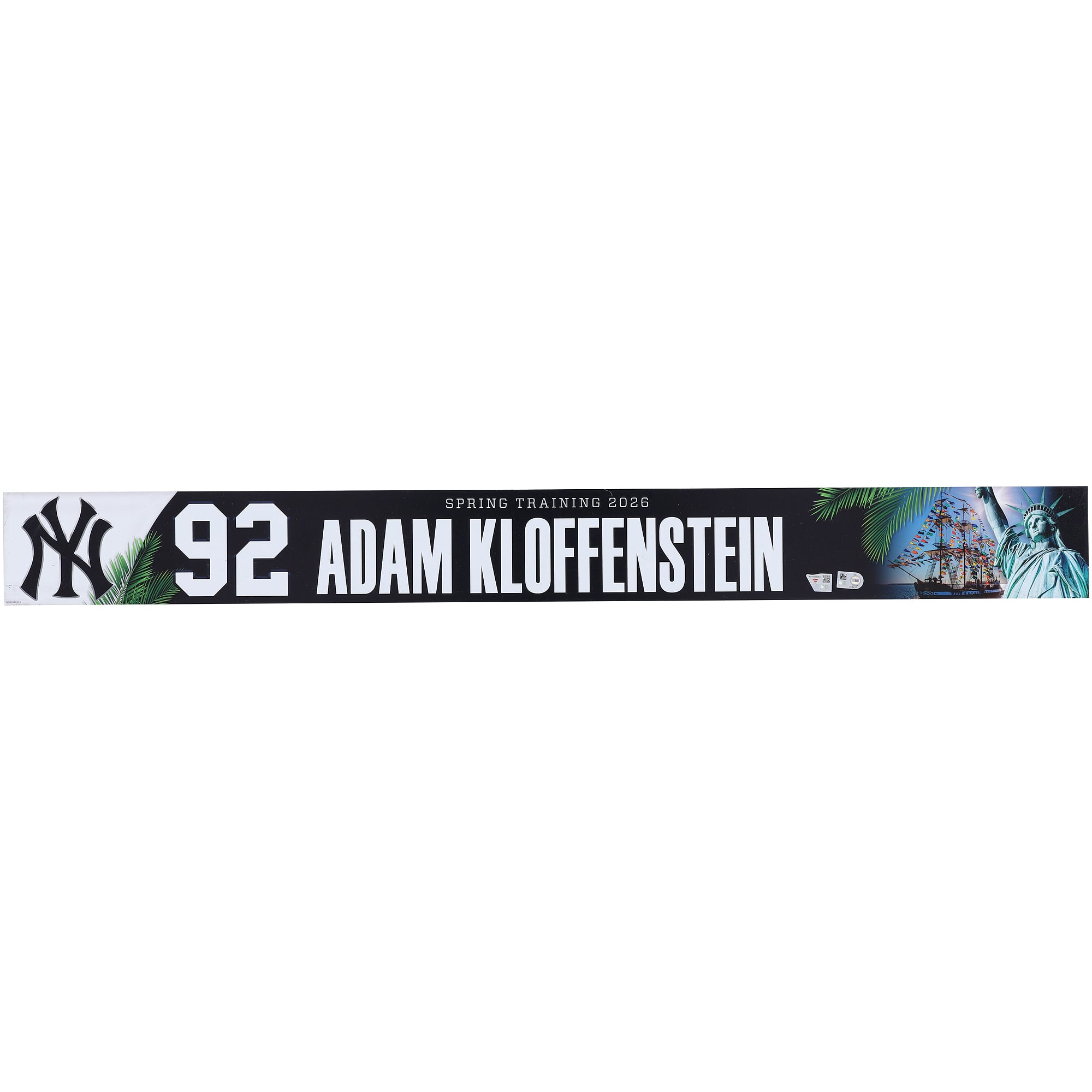Plaque nominative n° 92 d'Adam Kloffenstein, joueur des Yankees de New York, lors du camp d'entraînement de printemps de la MLB 2026