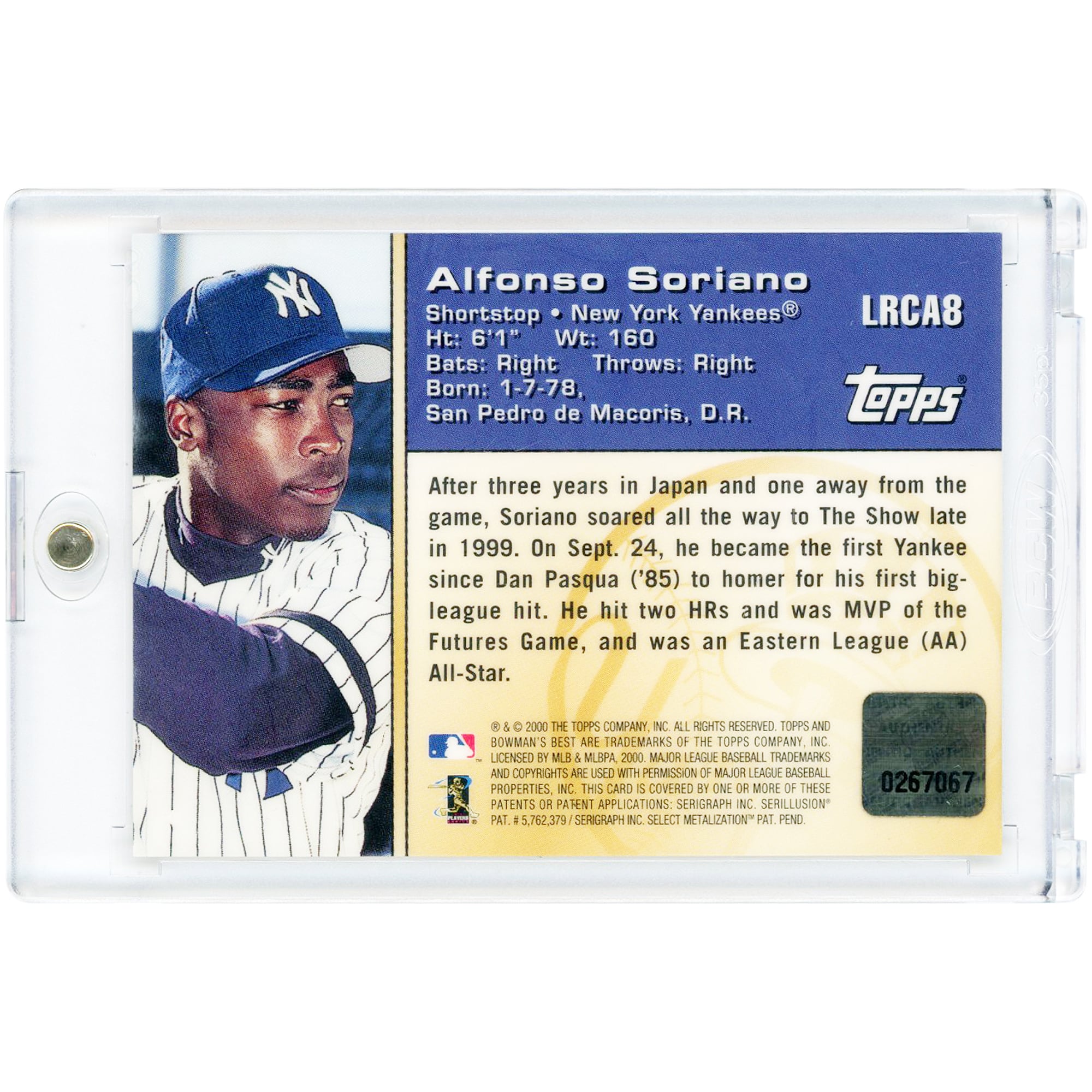 Carte autographiée d'Alfonso Soriano, Yankees de New York, collection Bowman's Best Locker Room 2000, n° LRCA8