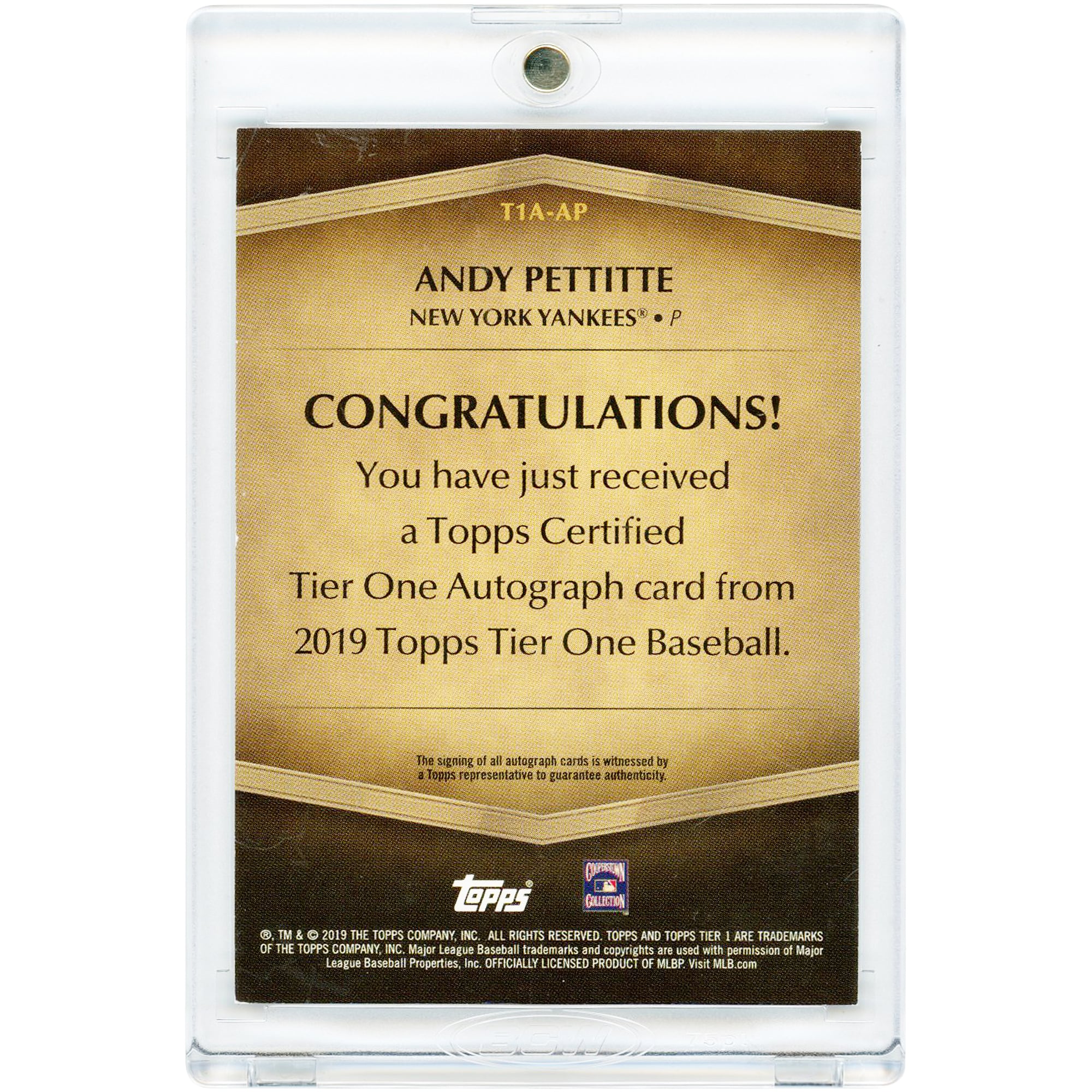 Carte autographiée d'Andy Pettitte, Yankees de New York, 2019 Topps Tier One #T1A-AP #49/90