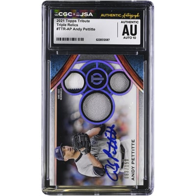 Andy Pettitte New York Yankees Autographed 2021 Topps Tribute Triple Relics #TTR-AP #/150 CGC Authenticated AUTO 10 Card
