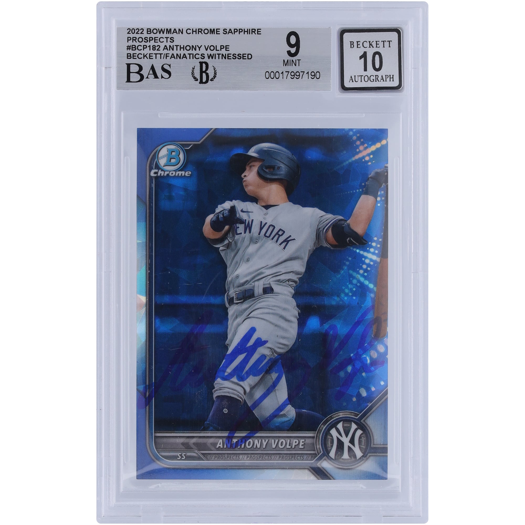 Anthony Volpe, New York Yankees, carte autographiée Bowman Chrome Prospects 2022 Sapphire #BCP-182 Beckett Fanatics Witnessed Authenticated 9/10