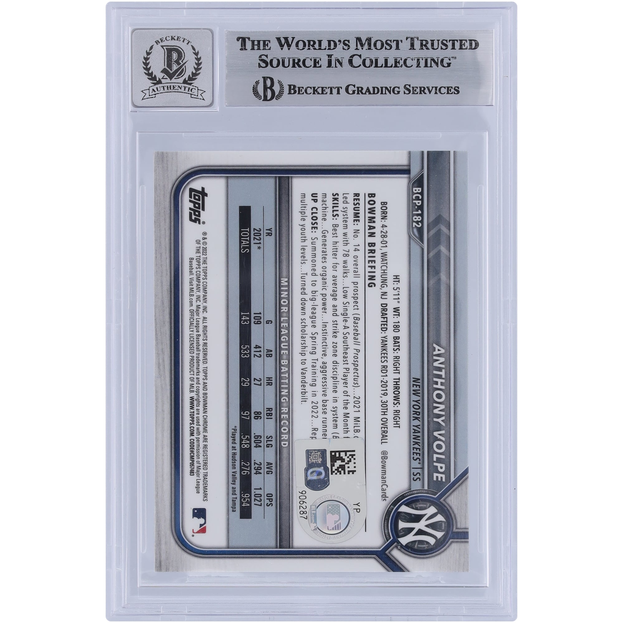 Anthony Volpe, New York Yankees, carte autographiée Bowman Chrome Prospects 2022 Sapphire #BCP-182 Beckett Fanatics Witnessed Authenticated 9/10