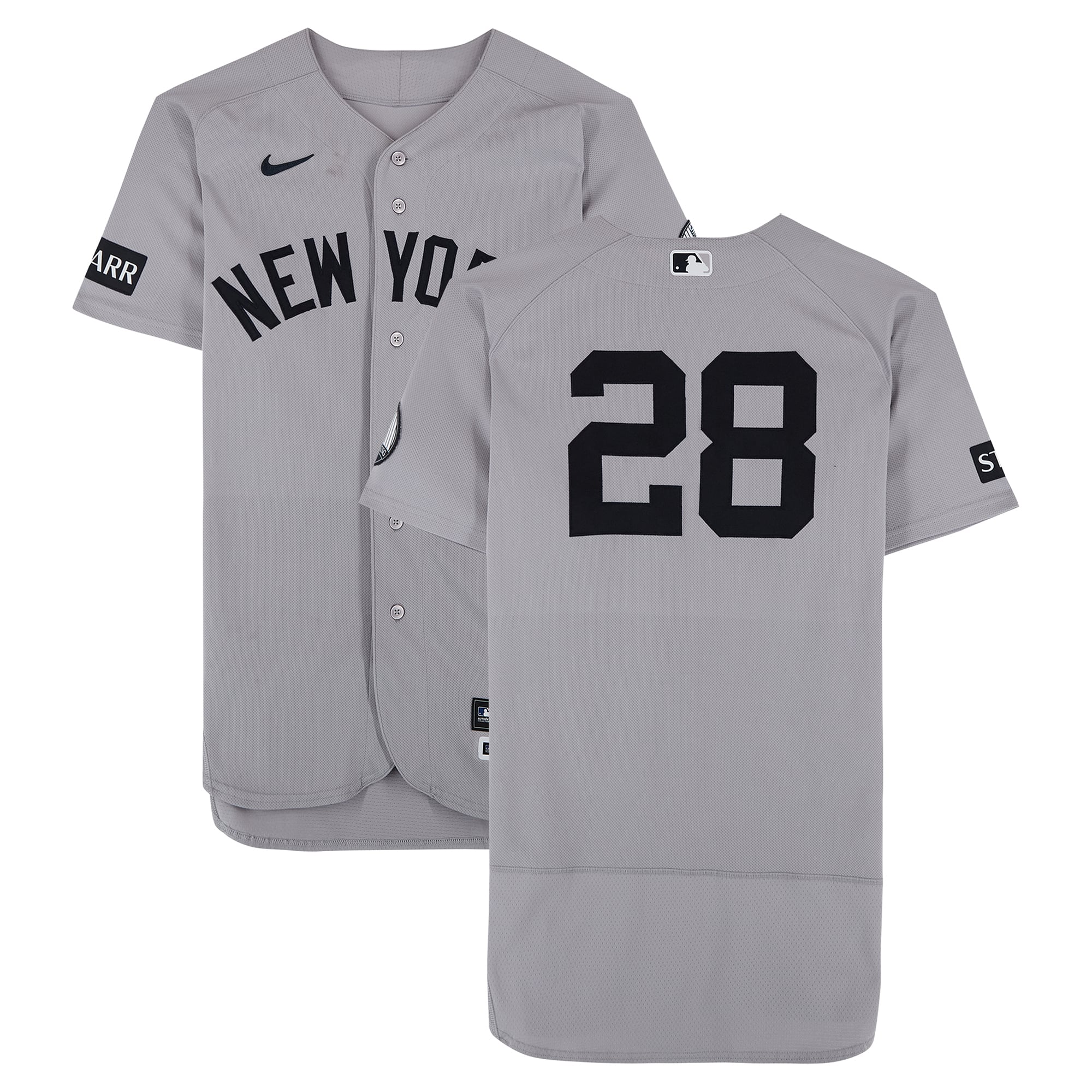 Maillot gris Nike n° 28 porté par Austin Wells des Yankees de New York lors du match contre les Nationals de Washington le 12 juillet 2026
