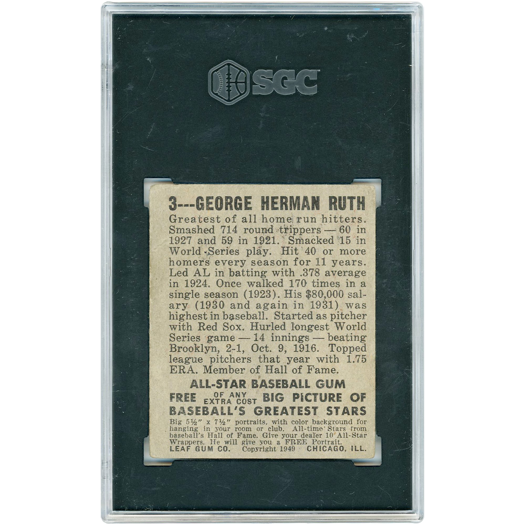 Carte de Babe Ruth, Yankees de New York, 1948-49, Leaf Gum Co. n° 3, authentifiée SGC, format 1,5 pouce.