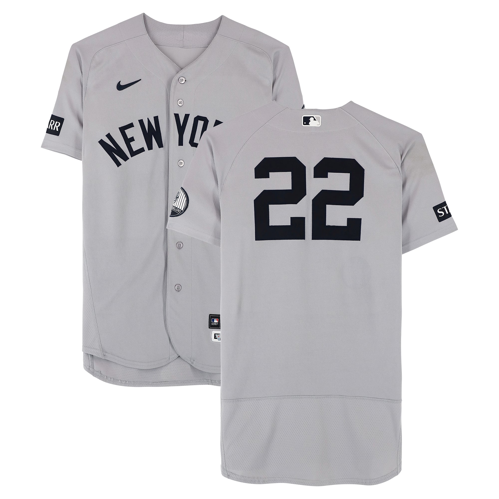 Maillot gris Nike n° 22 porté par Ben Rice (New York Yankees) lors du match contre les Orioles de Baltimore le 19 août 2026 - 2 coups sûrs en 5 présences au bâton, circuit, point produit, point marqué