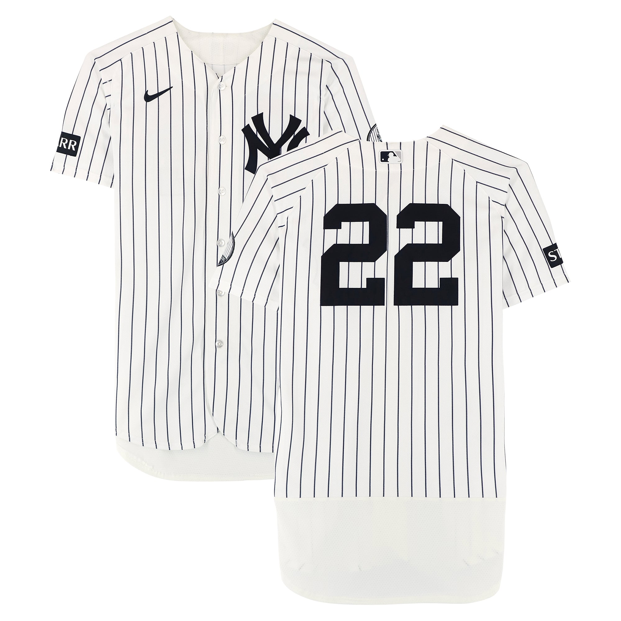 Maillot blanc à rayures Nike porté par Ben Rice (New York Yankees) n° 22 lors du match contre les Astros de Houston le 26 août 2026 - 1 coup sûr en 2 présences au bâton, 1 circuit, 1 point produit, 3 points marqués
