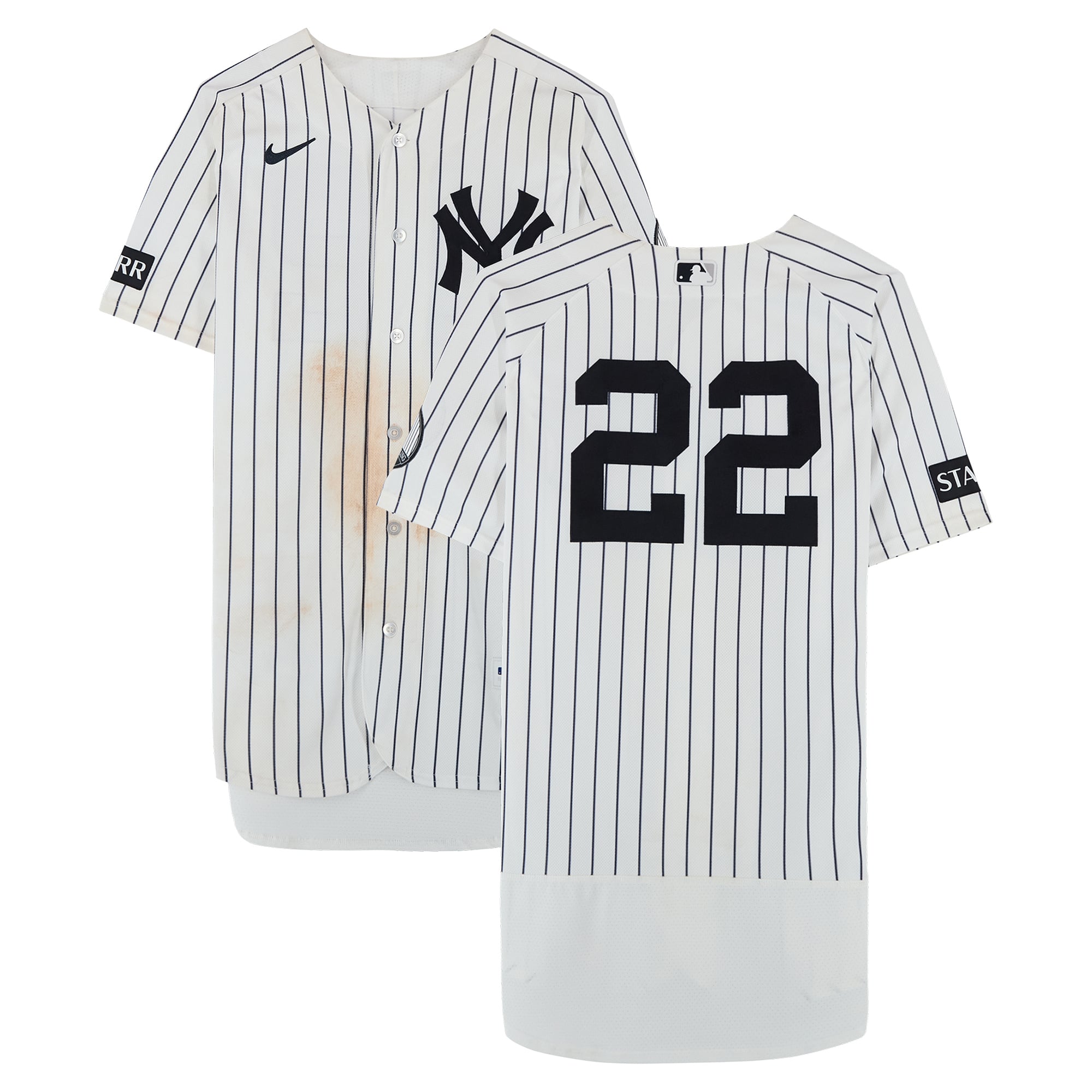 Maillot blanc à rayures Nike porté par Ben Rice (New York Yankees) n° 22 lors du match contre les Pirates de Pittsburgh le 22 juillet 2026 - Premier match d'un programme double - 1 coup sûr en 5 présences au bâton, circuit, 3 points produits, point marqué