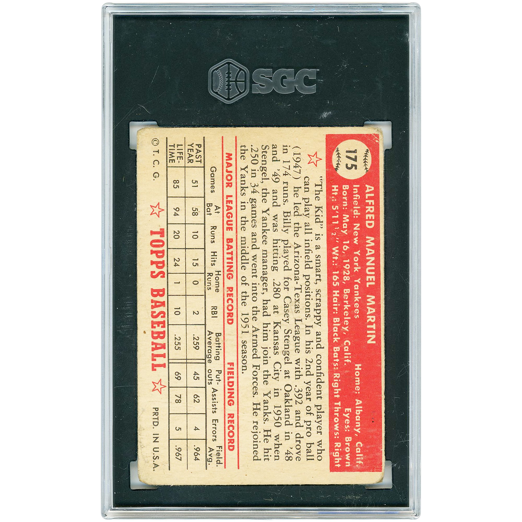Billy Martin New York Yankees 1952 Topps #175 SGC Authenticated 1.5 Rookie Card