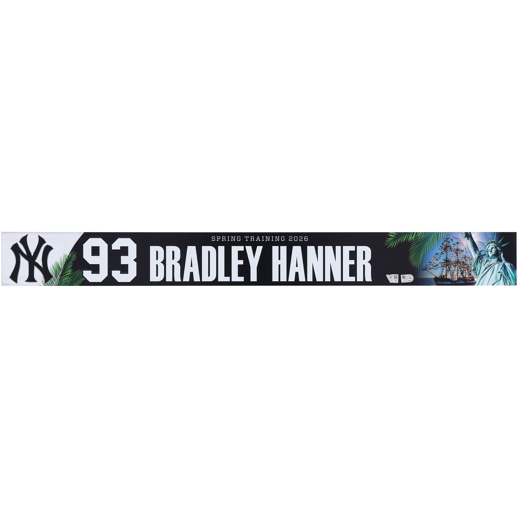 Plaque nominative n° 93 de Bradley Hanner, joueur des Yankees de New York, lors du camp d'entraînement de printemps de la MLB 2026