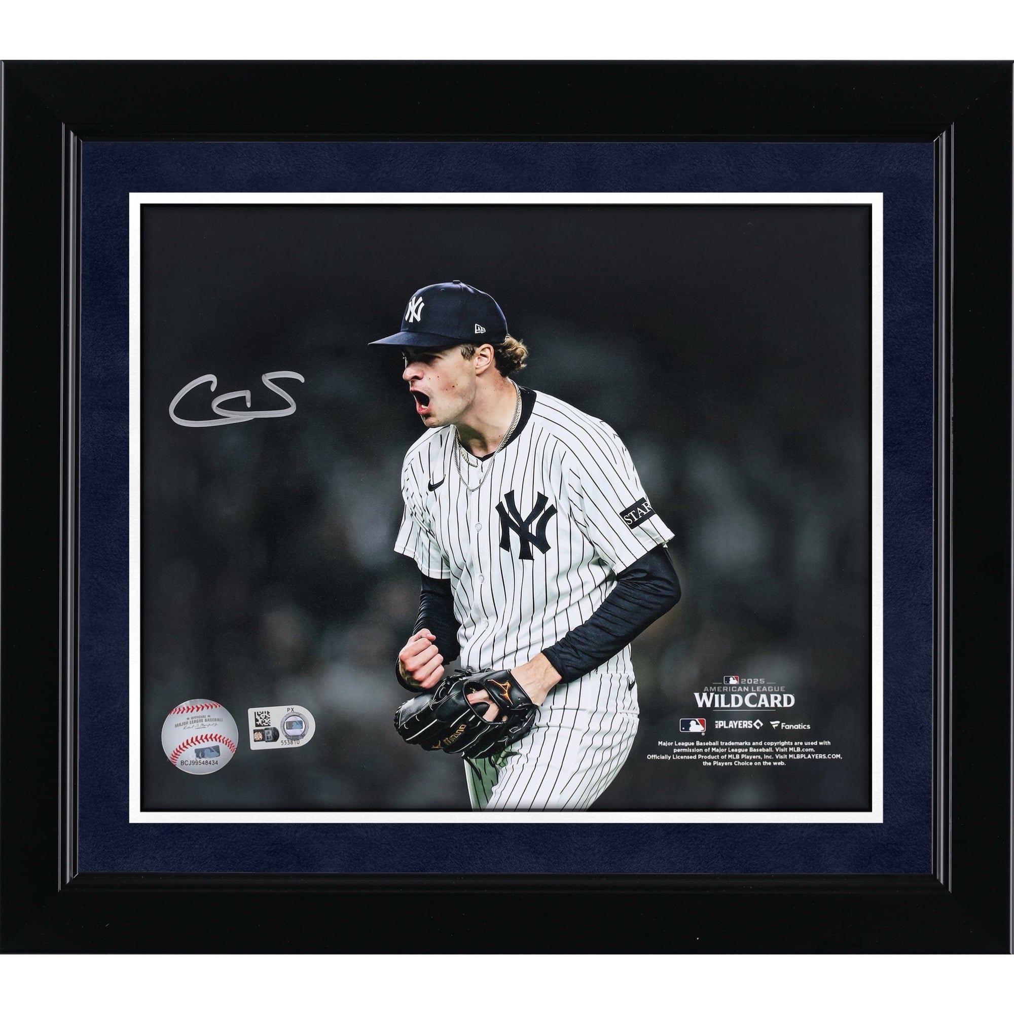 Photographie autographiée de Cam Schlittler des Yankees de New York (8" x 10"), célébration du strikeout de la série Wild Card de la Ligue américaine de la MLB 2025.