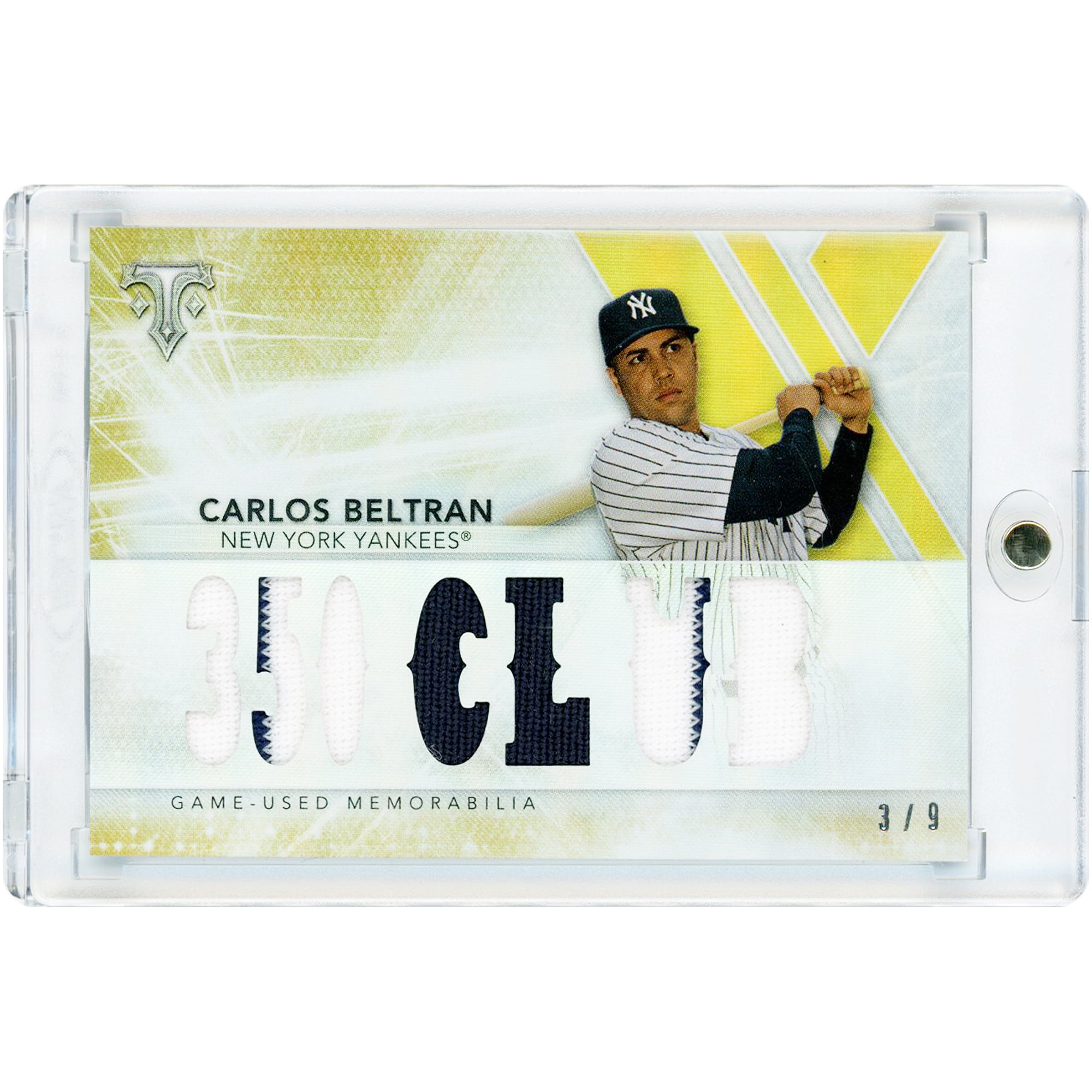 Carte relique de maillot bicolore porté en match, collection Topps Triple Threads 2015, de Carlos Beltran, New York Yankees #TTR-CBN2 #3/9