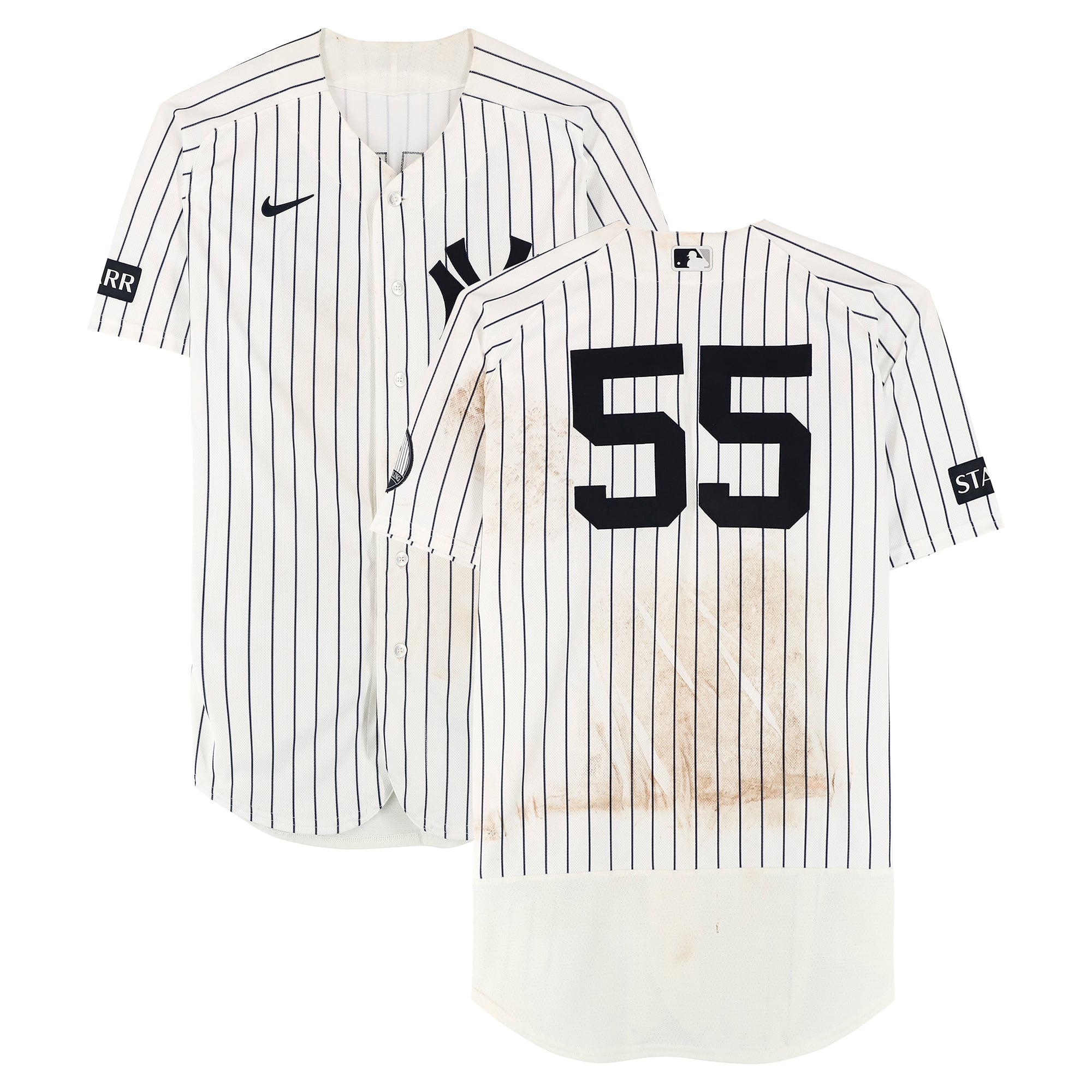 Maillot blanc à rayures Nike n° 55 porté par Carlos Rodón des Yankees de New York lors du match contre les Red Sox de Boston le 29 août 2026 - Premier match du programme double