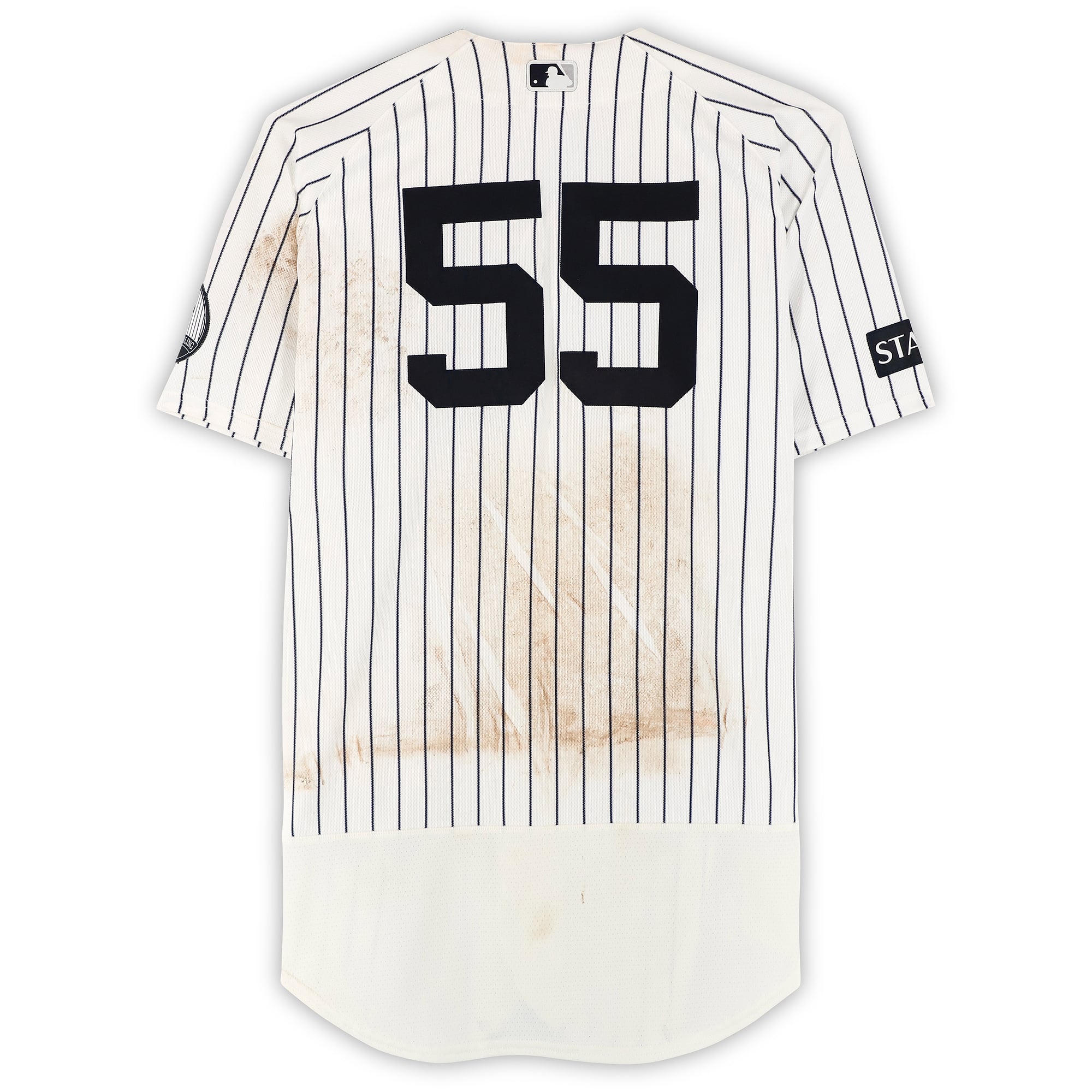 Maillot blanc à rayures Nike n° 55 porté par Carlos Rodón des Yankees de New York lors du match contre les Red Sox de Boston le 29 août 2026 - Premier match du programme double