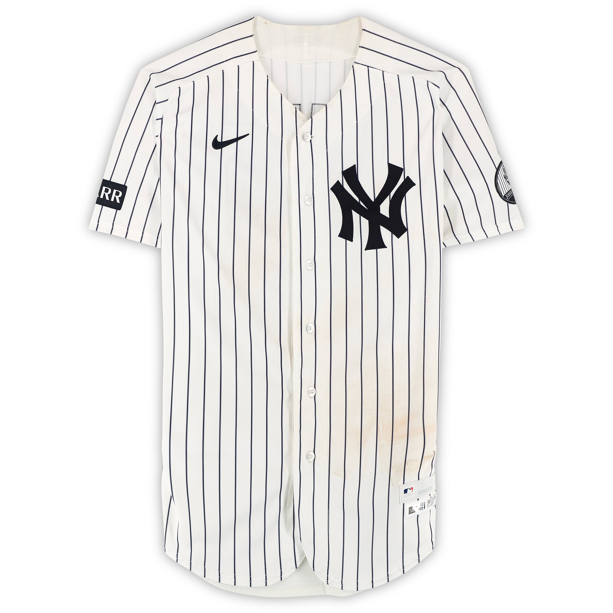 Maillot blanc à rayures Nike n° 55 porté par Carlos Rodón des Yankees de New York lors du match contre les Red Sox de Boston le 29 août 2026 - Premier match du programme double