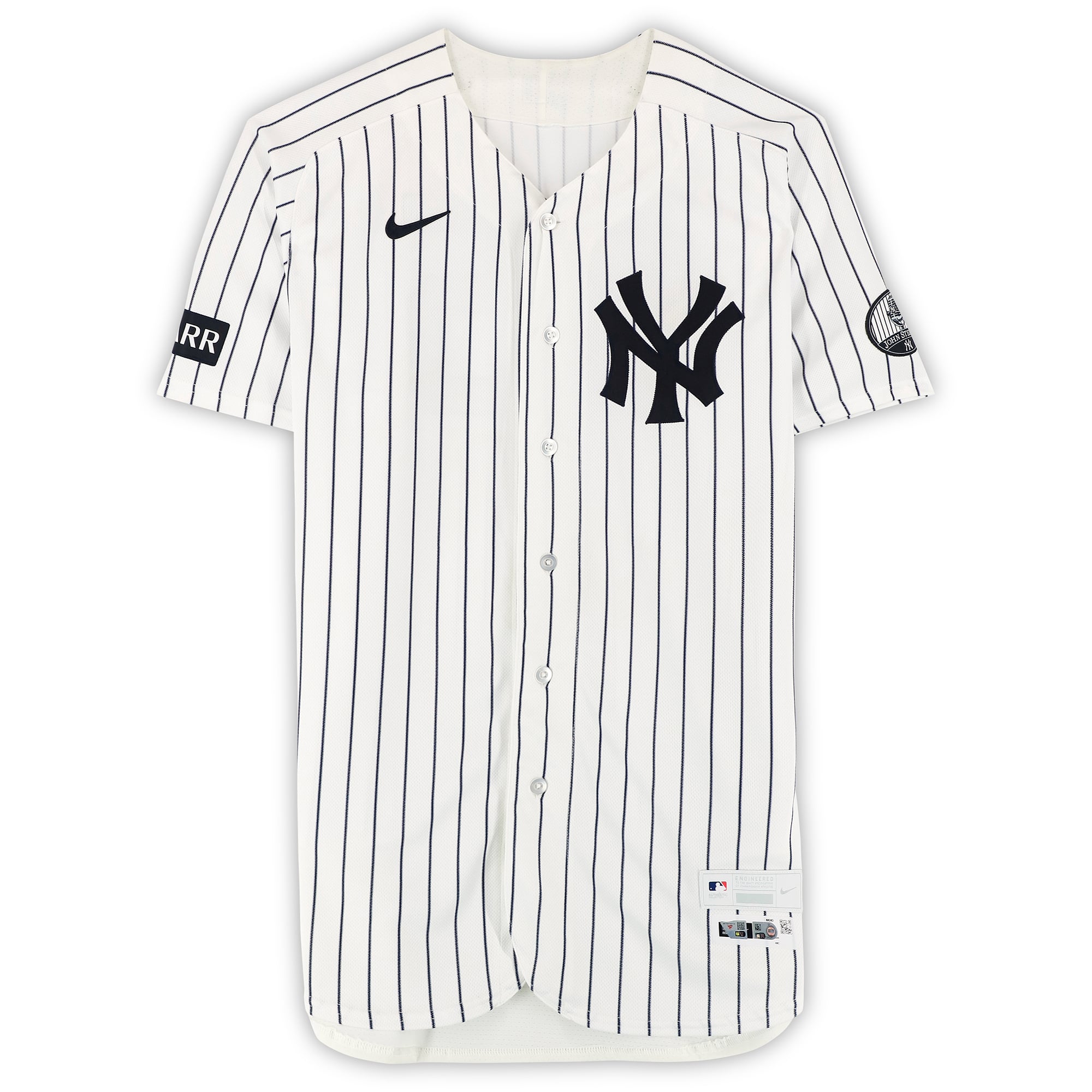 Maillot blanc à rayures Nike porté par Carlos Rodón (New York Yankees) sous le numéro 55 lors du match contre les Blue Jays de Toronto le 23 août 2026.
