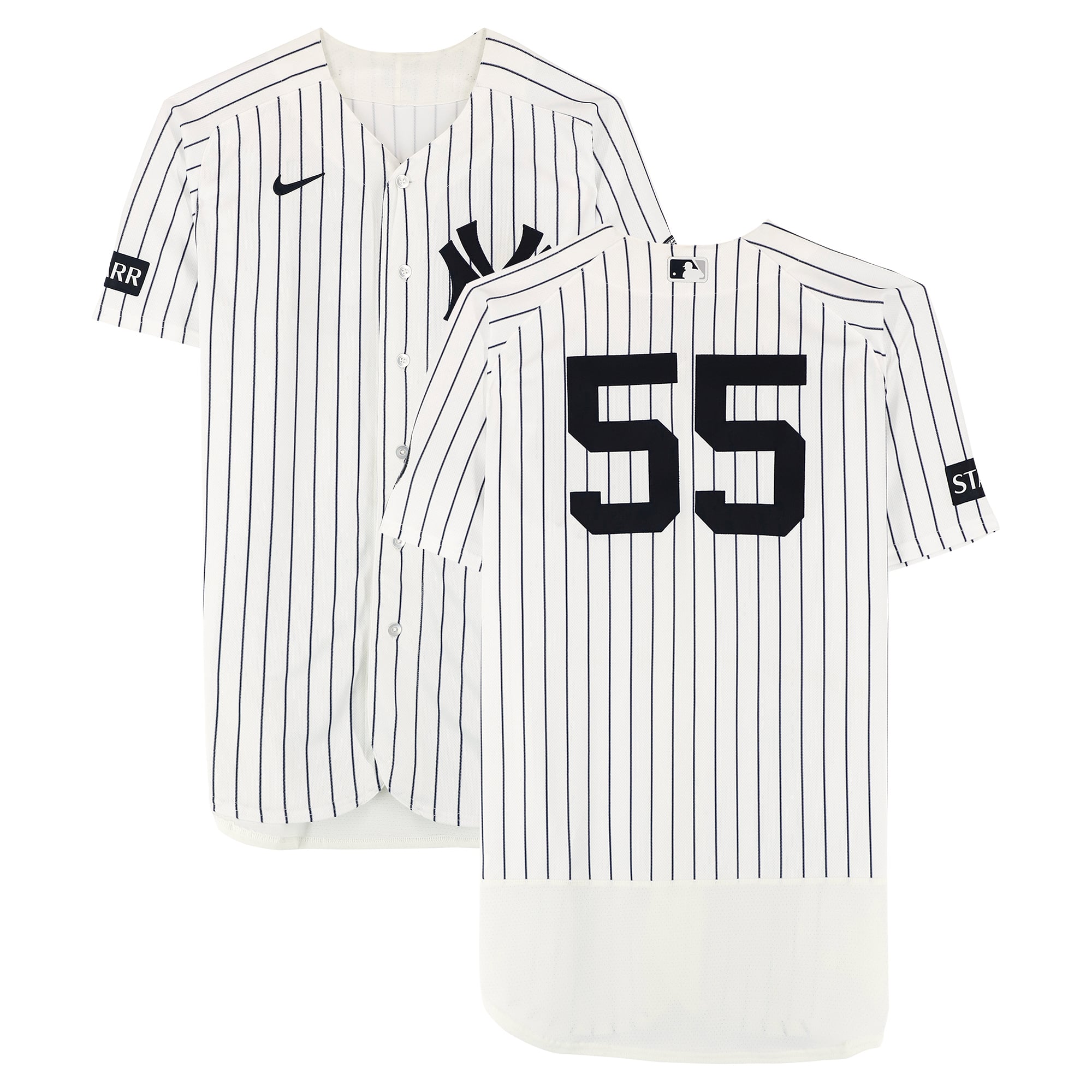 Maillot blanc à rayures Nike porté par Carlos Rodón (New York Yankees) sous le numéro 55 lors du match contre les Blue Jays de Toronto le 23 août 2026.