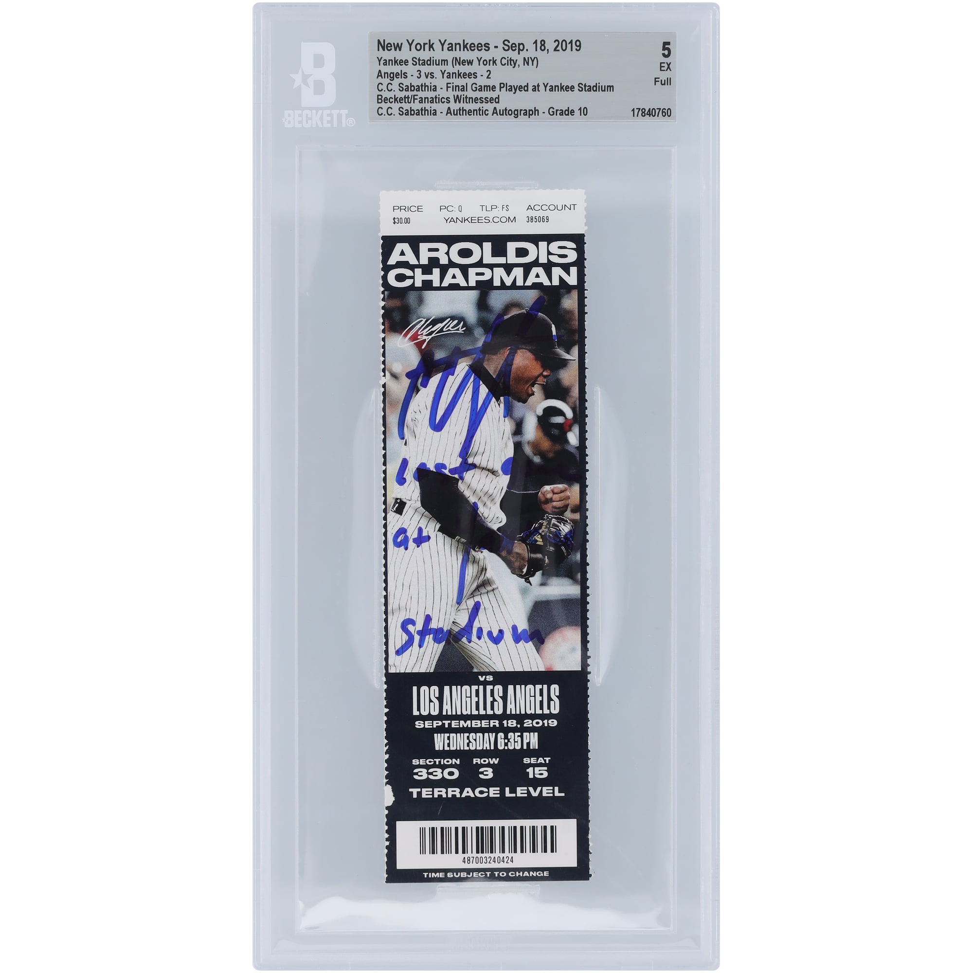 Billet autographié CC Sabathia des Yankees de New York pour le dernier match joué au Yankee Stadium. Billet authentifié 5/10, témoin des fanatiques de Beckett, du 18 septembre 2019 avec l'inscription « Dernier match au Yankee Stadium ».