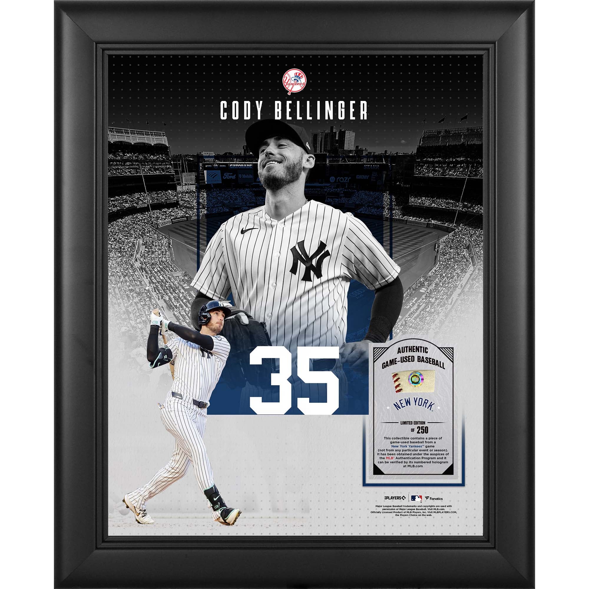 Collage encadré 11" x 14" de Cody Bellinger, joueur des Yankees de New York, avec un morceau de balle utilisée en match - Édition limitée à 250 exemplaires