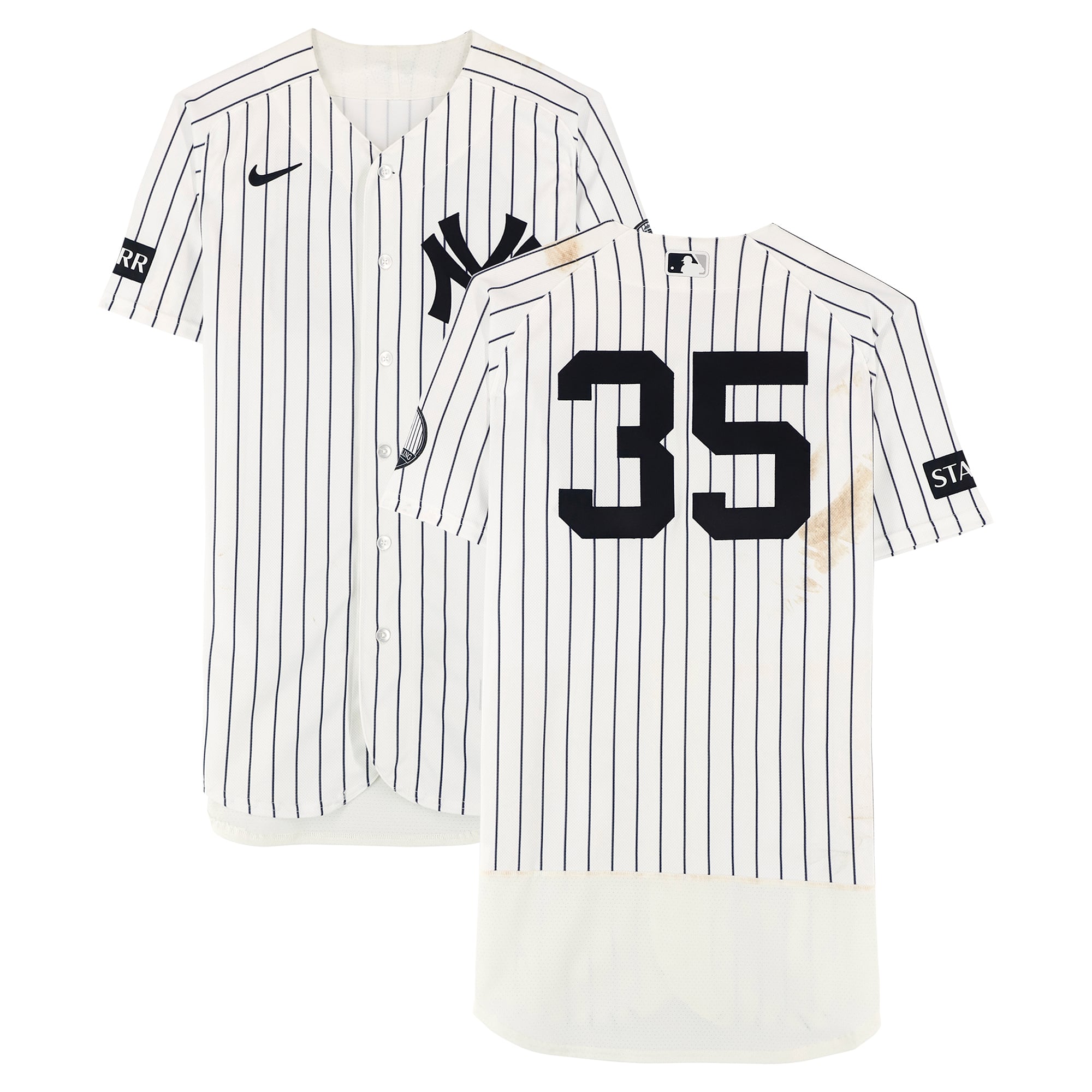 Maillot blanc à rayures Nike porté par Cody Bellinger (New York Yankees, n° 35) lors du match contre les Red Sox de Boston le 30 août 2026.