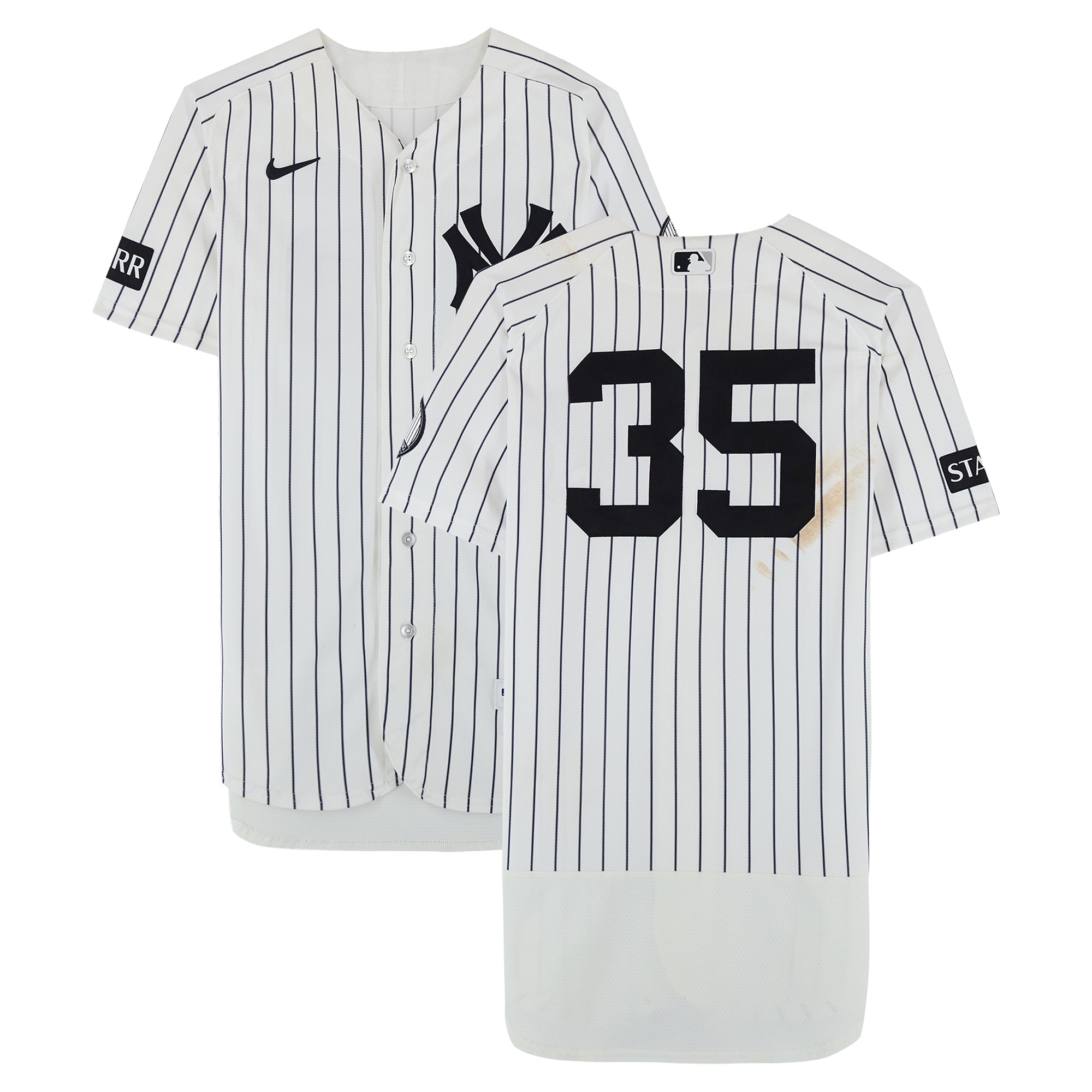 Maillot blanc à rayures Nike n° 35 porté par Cody Bellinger des Yankees de New York lors du match contre les Pirates de Pittsburgh le 22 juillet 2026 - Deuxième match du programme double