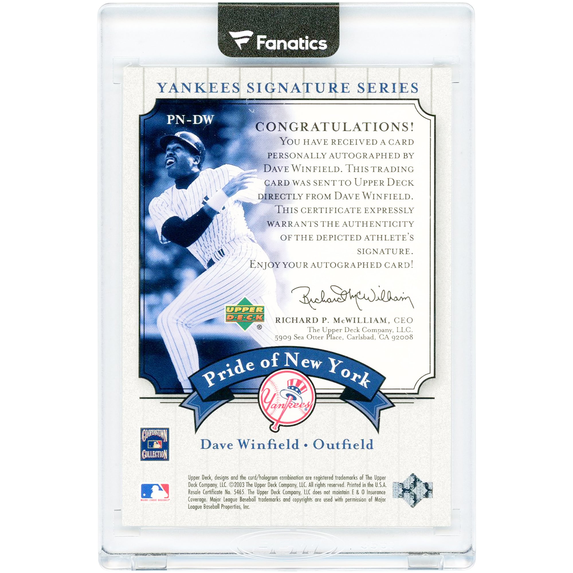 Dave Winfield New York Yankees Autographed 2003 Upper Deck Yankees Signature Series #PN-DW Card