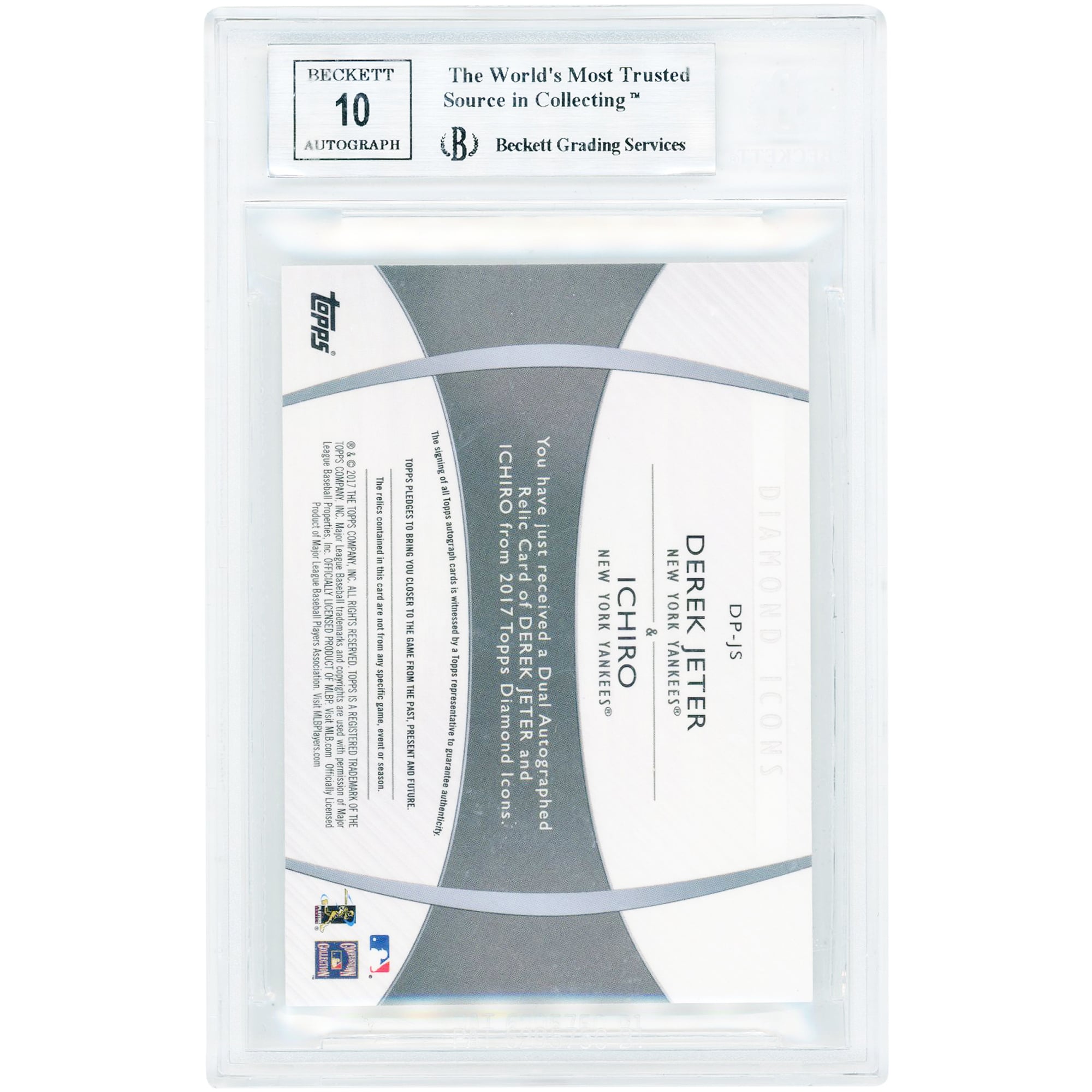 Carte autographiée par Derek Jeter et Ichiro Suzuki, joueurs des Yankees de New York, collection Topps Diamond Icons 2017, avec reliques de match en trois couleurs, numéro DP-JS, numéro 1/10, authentifiée BGS 9/10 (sous-notes : 10, 8,5, 9,5, 9).