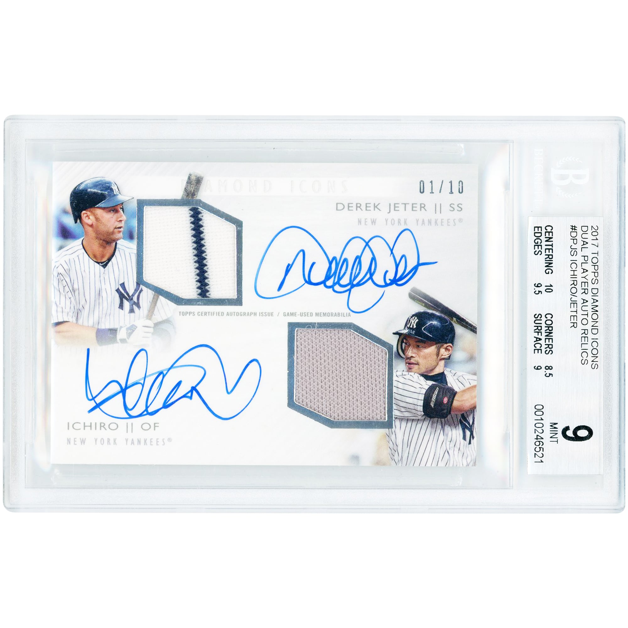 Carte autographiée par Derek Jeter et Ichiro Suzuki, joueurs des Yankees de New York, collection Topps Diamond Icons 2017, avec reliques de match en trois couleurs, numéro DP-JS, numéro 1/10, authentifiée BGS 9/10 (sous-notes : 10, 8,5, 9,5, 9).