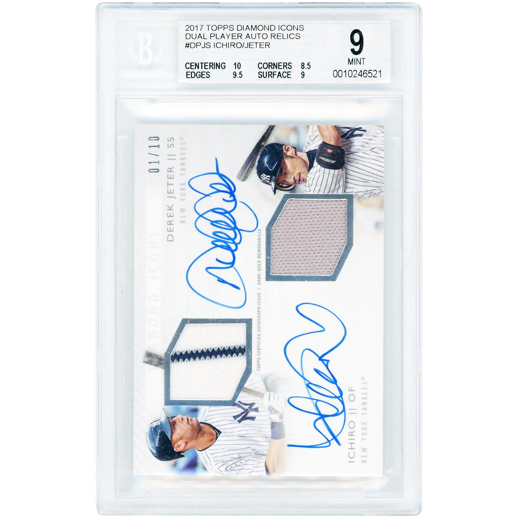Derek Jeter & Ichiro Suzuki New York Yankees Autographed 2017 Topps Diamond Icons Dual Player Game Used 3 Color Relics #DP-JS #1/10 BGS Authenticated 9/10 Card - 10,8.5,9.5,9 Subgrades