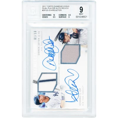 Derek Jeter & Ichiro Suzuki New York Yankees Autographed 2017 Topps Diamond Icons Dual Player Game Used 3 Color Relics #DP-JS #1/10 BGS Authenticated 9/10 Card - 10,8.5,9.5,9 Subgrades