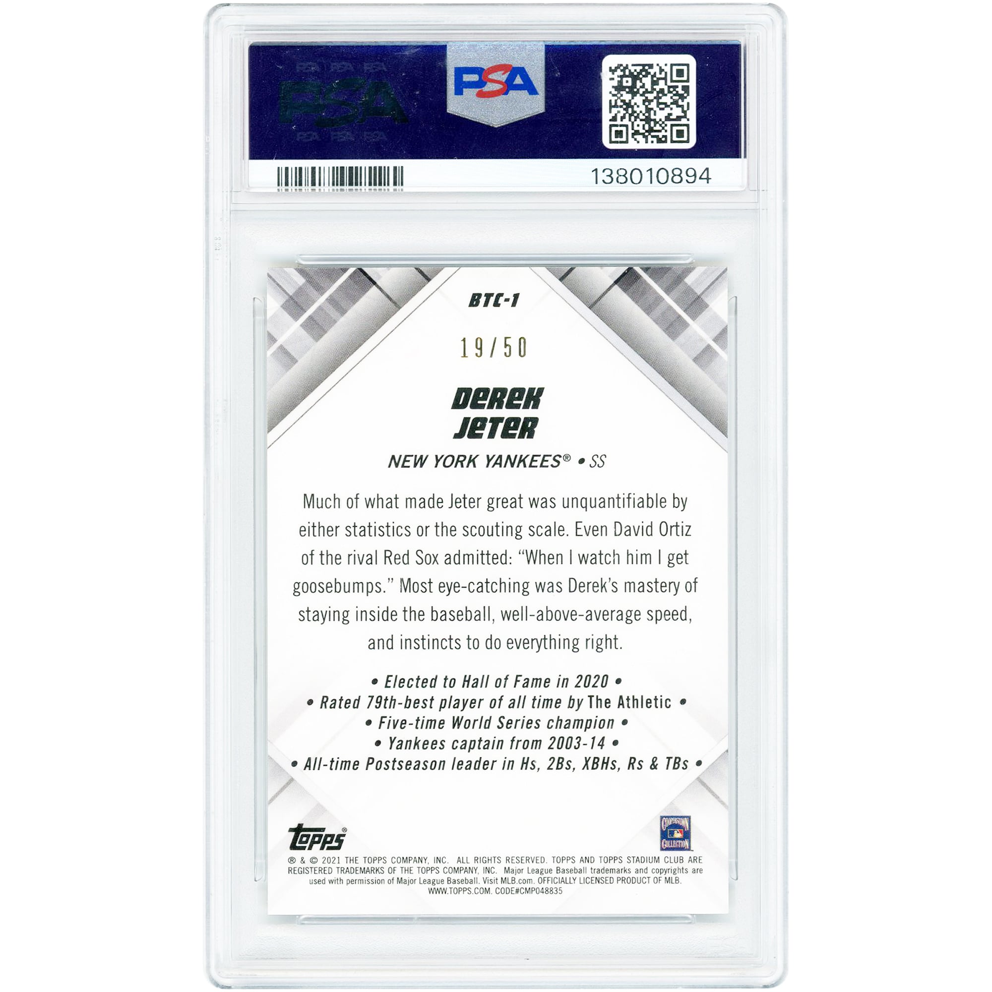 Derek Jeter New York Yankees 2021 Topps Stadium Club Chrome Beam Team Gold Refractor #BTC-1 #19/50 PSA Authenticated 9 Card