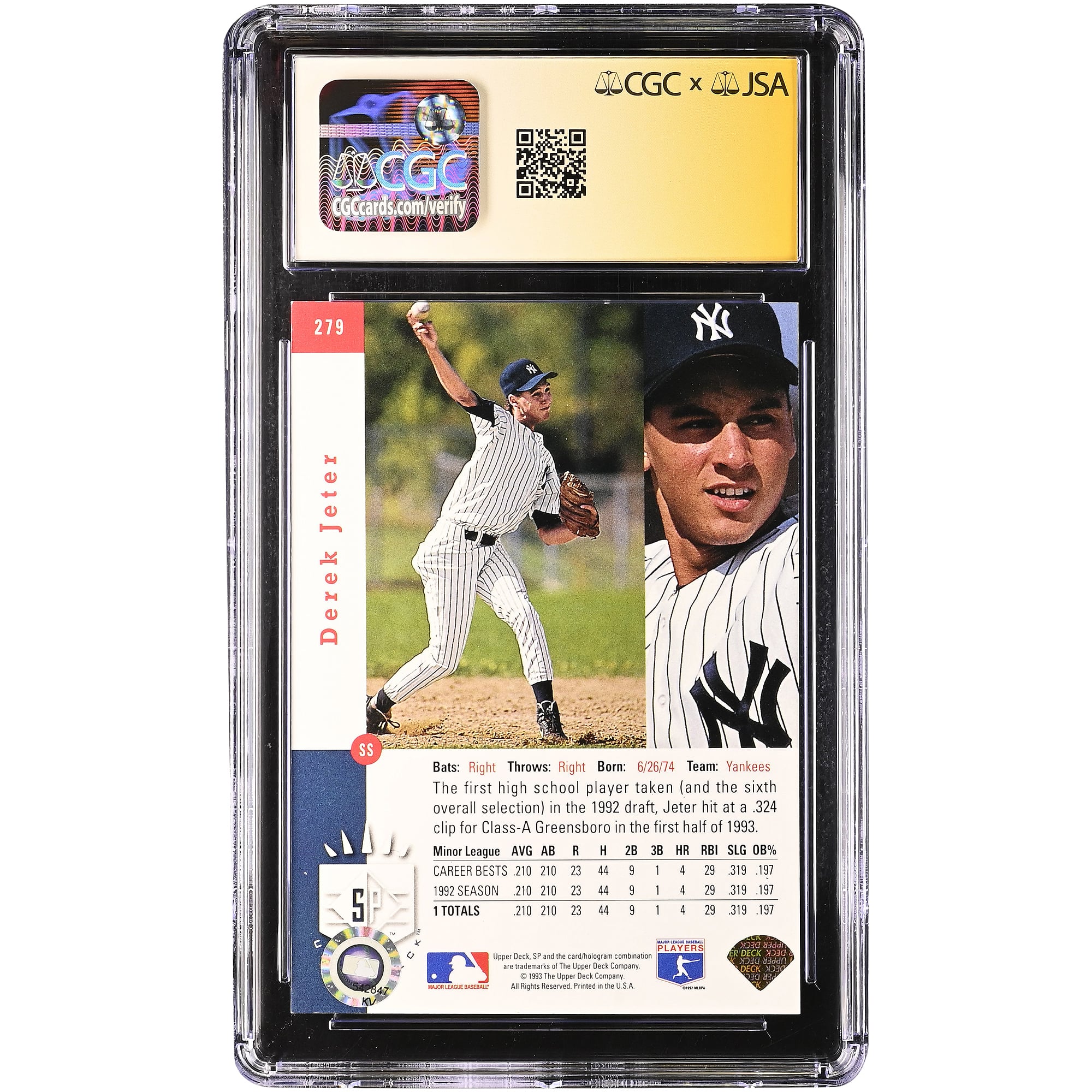 Derek Jeter New York Yankees Autographed 1993 SP Foil #279 CGC Fanatics Witnessed Authenticated AUTH. ALT. Rookie Card