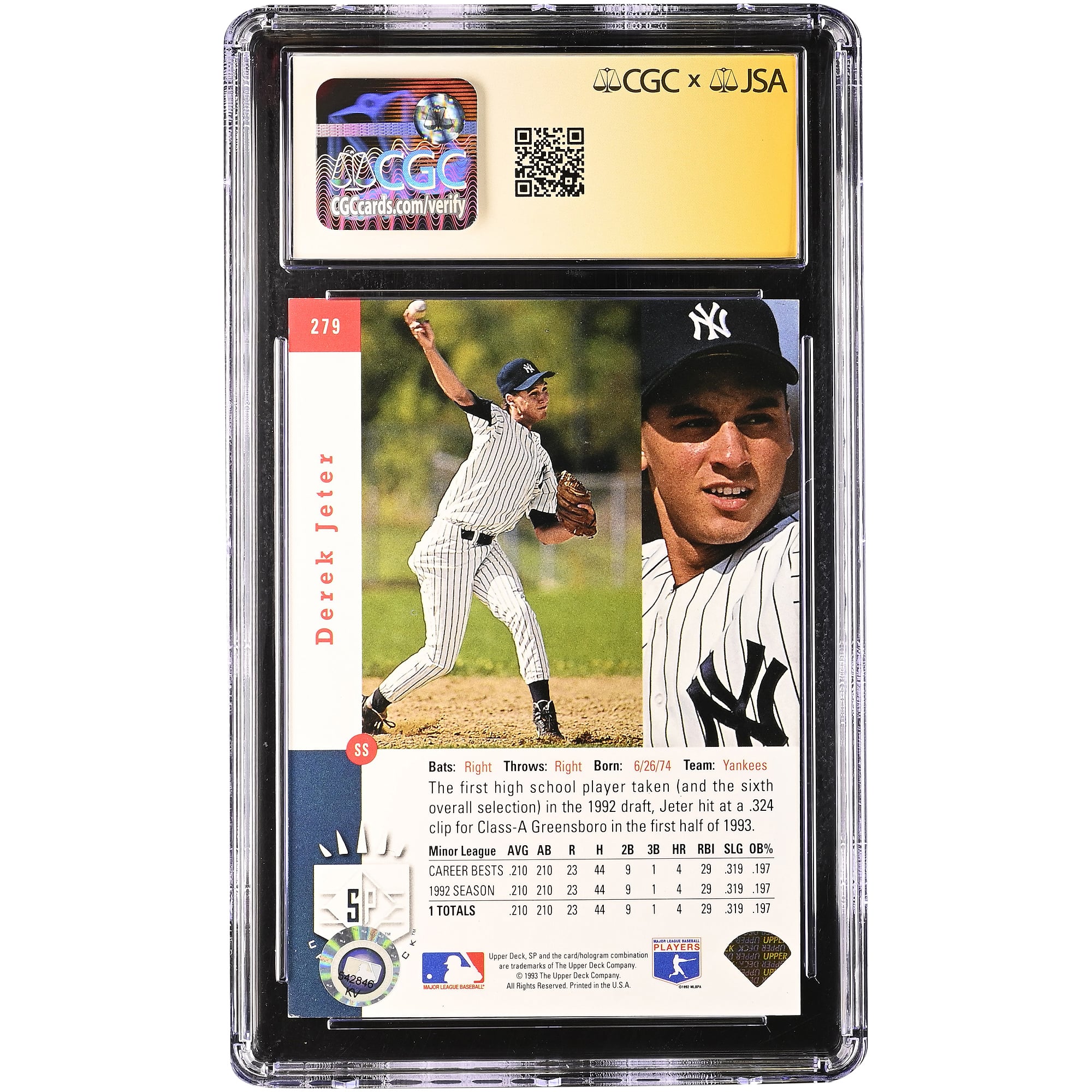 Derek Jeter New York Yankees Autographed 1993 SP Foil #279 CGC Fanatics Witnessed Authenticated Auto 10 Rookie Card