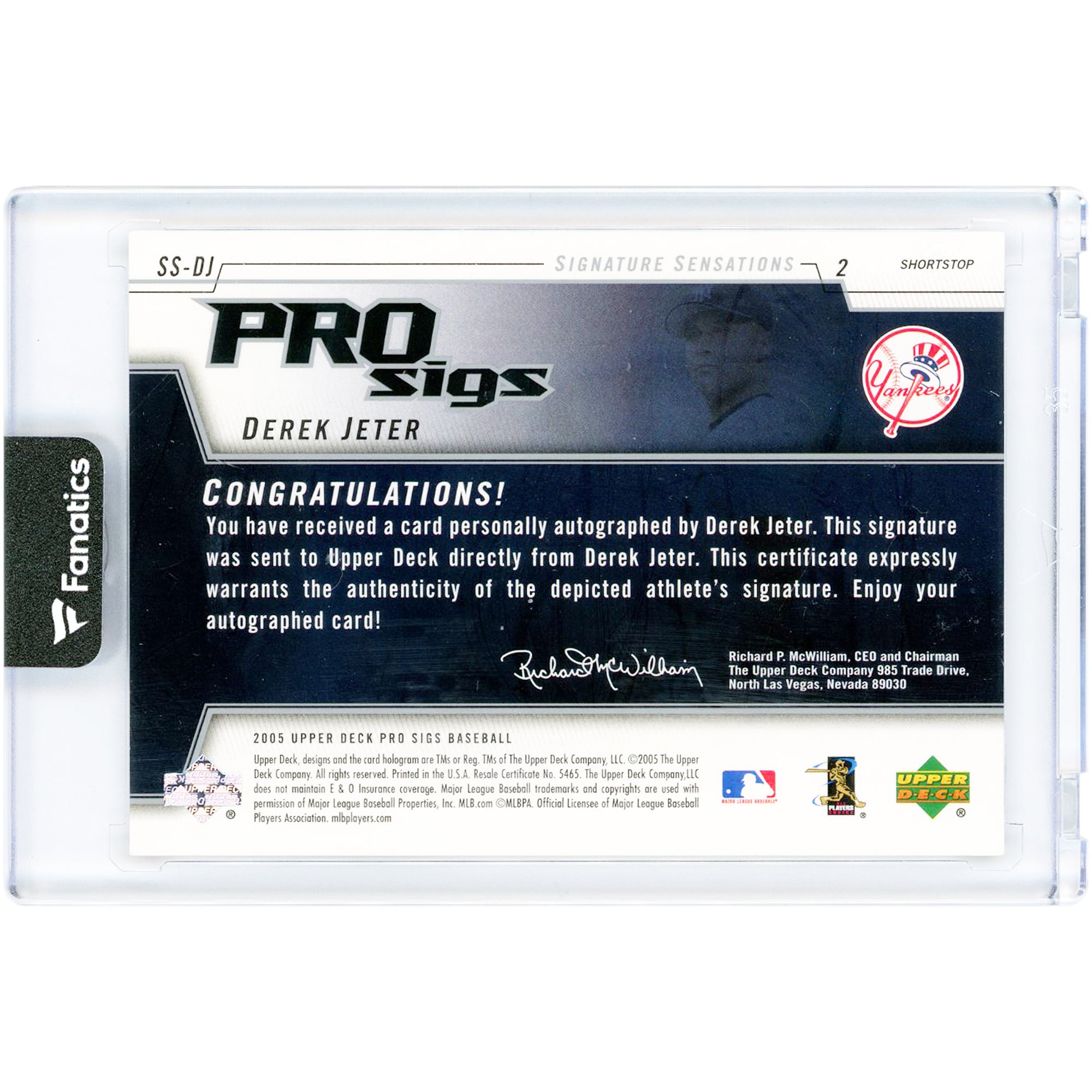 Derek Jeter New York Yankees Autographed 2005 Upper Deck Pro Sigs #SS-DJ #8/50 Card