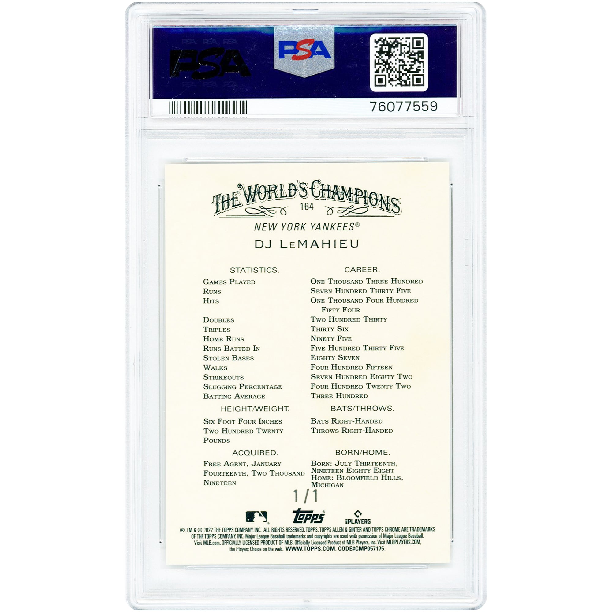 DJ LeMahieu New York Yankees 2022 Topps Allen & Ginter Chrome Superfractor #164 #1/1 PSA Authenticated 9 Card