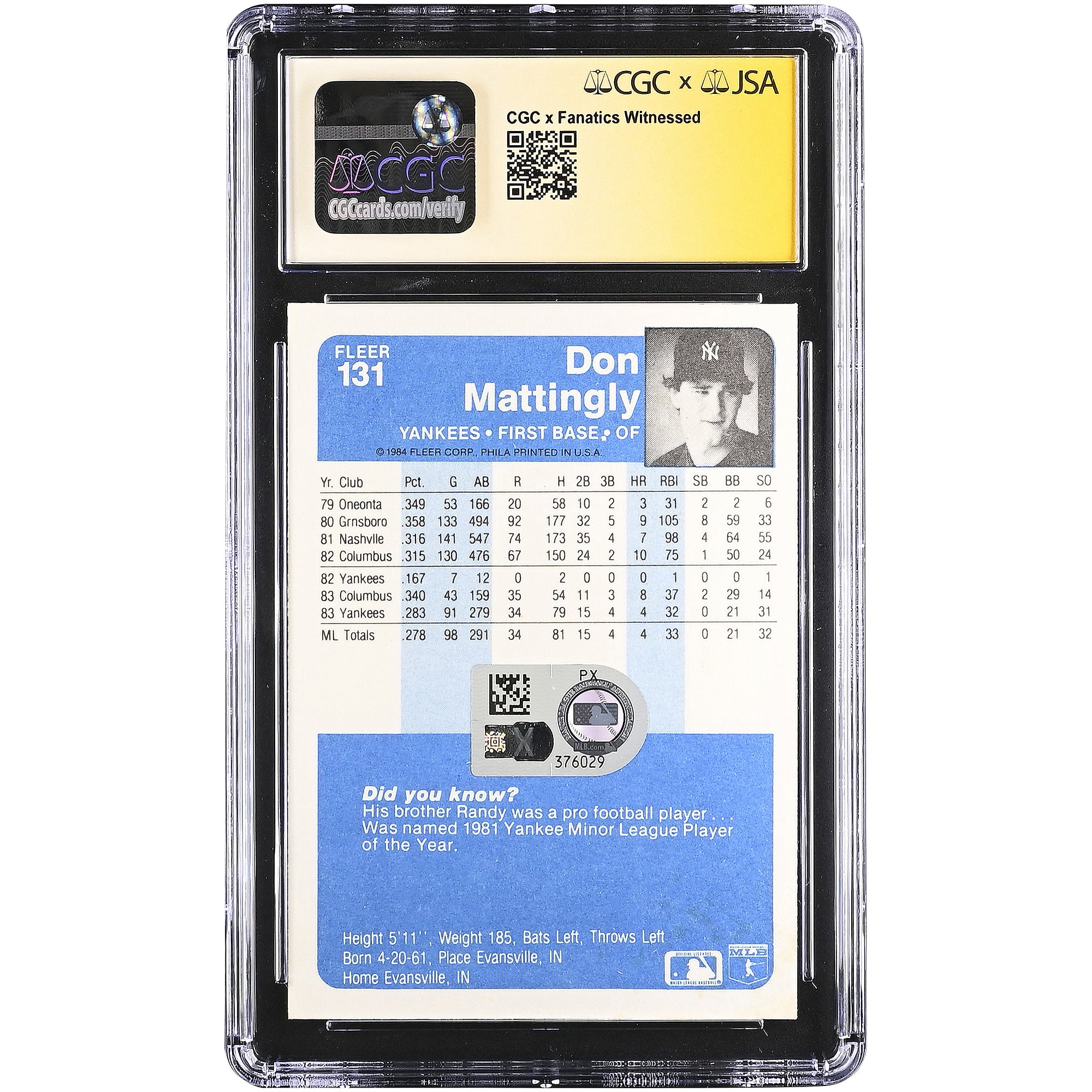Don Mattingly New York Yankees Autographed 1984 Fleer #131 CGC Fanatics Witnessed Authenticated AUTO 10 Rookie Card